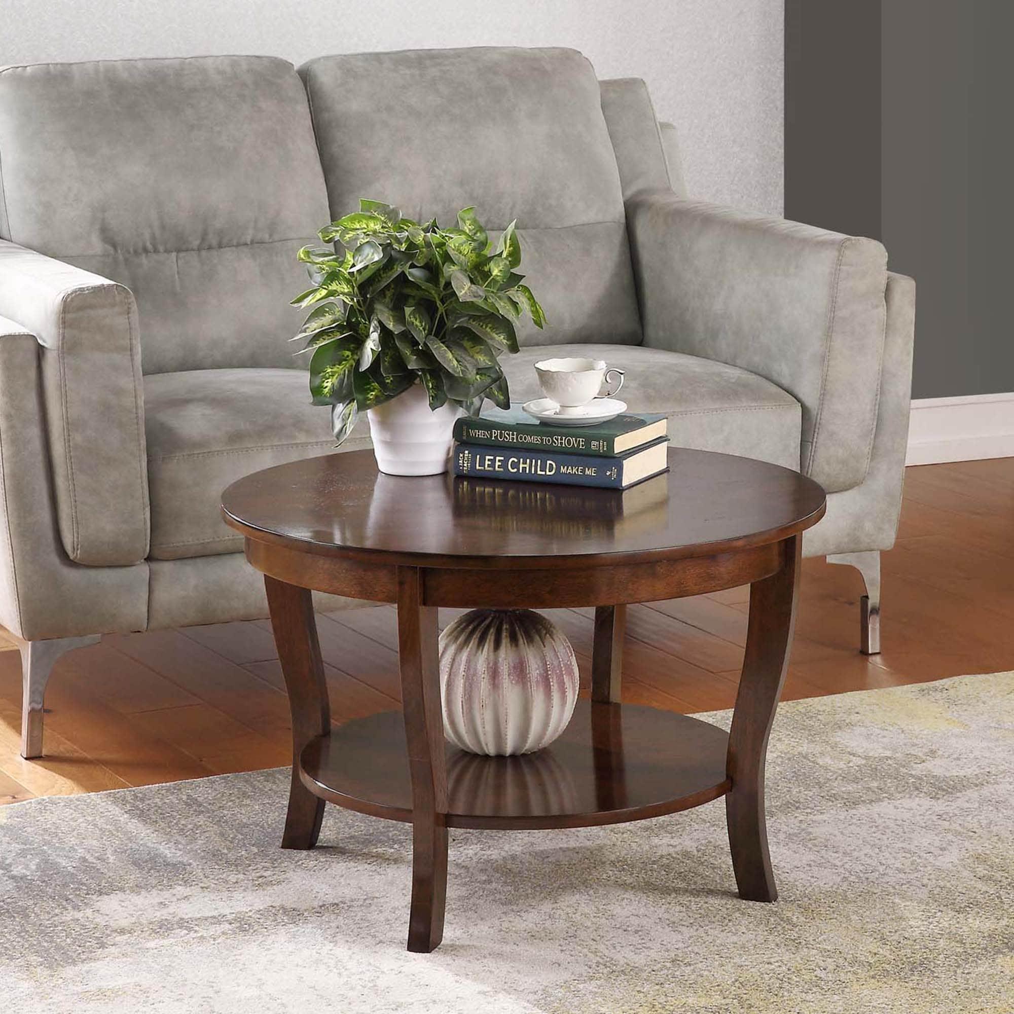 FurniFact Brown Round Coffee Table with Lower Shelf for Stylish Living Room Storage