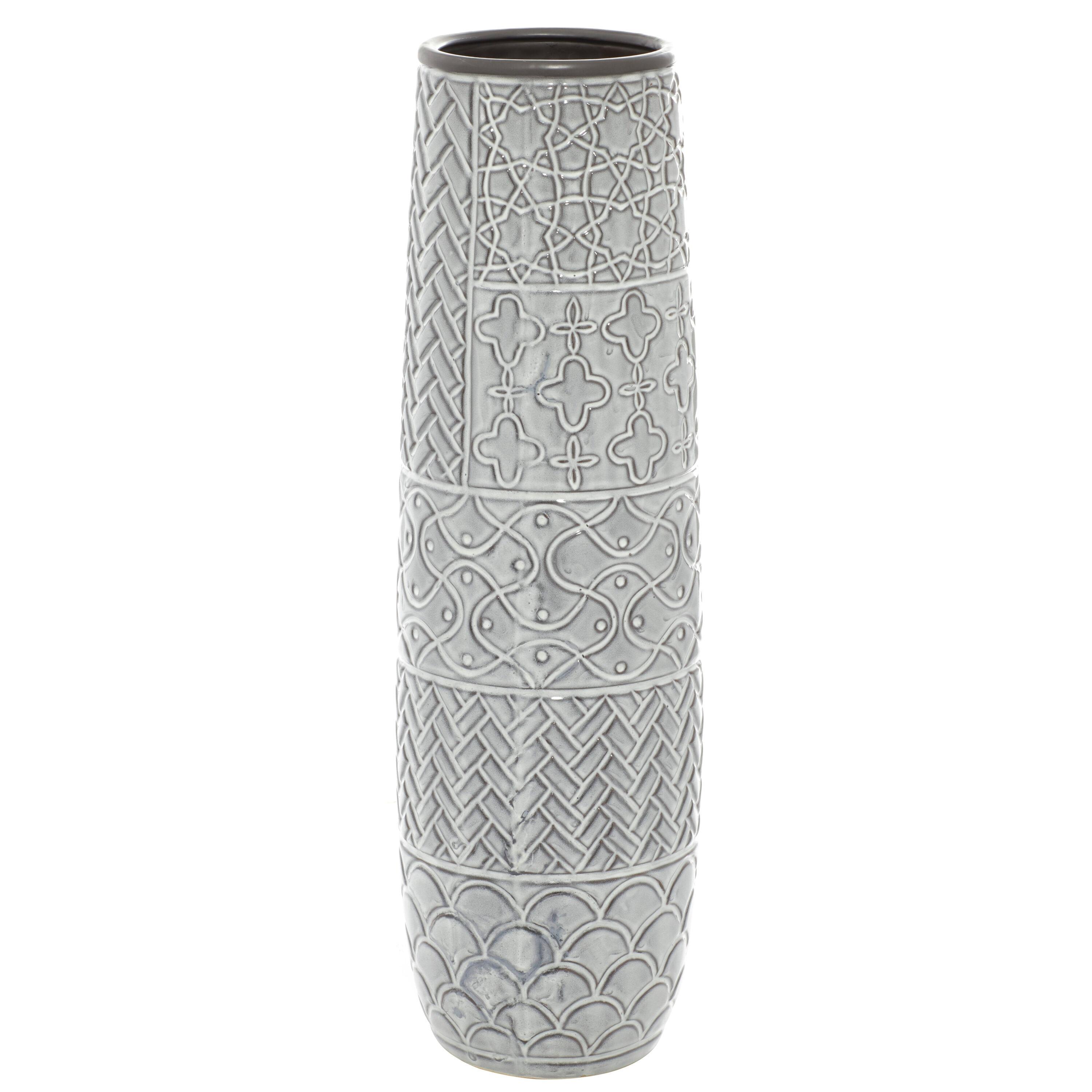 Ceramic Slim Engraved Patterned Decorative Gray Vase