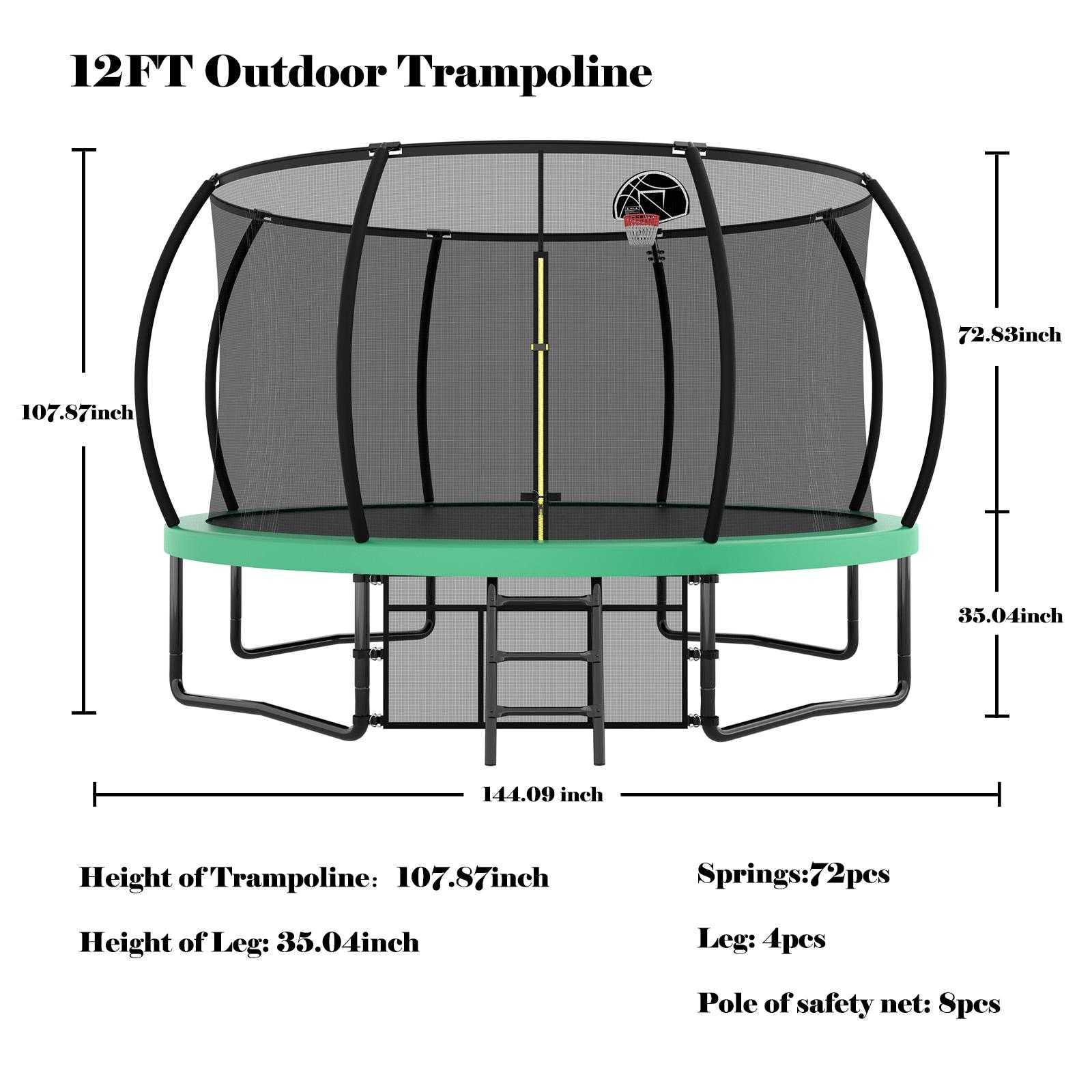12FT Round Trampoline with Basketball Hoop for Kids, Outdoor Recreational Trampolines with Safety Enclosure Net & Ladder, 880 LBS Weight Capacity, Green