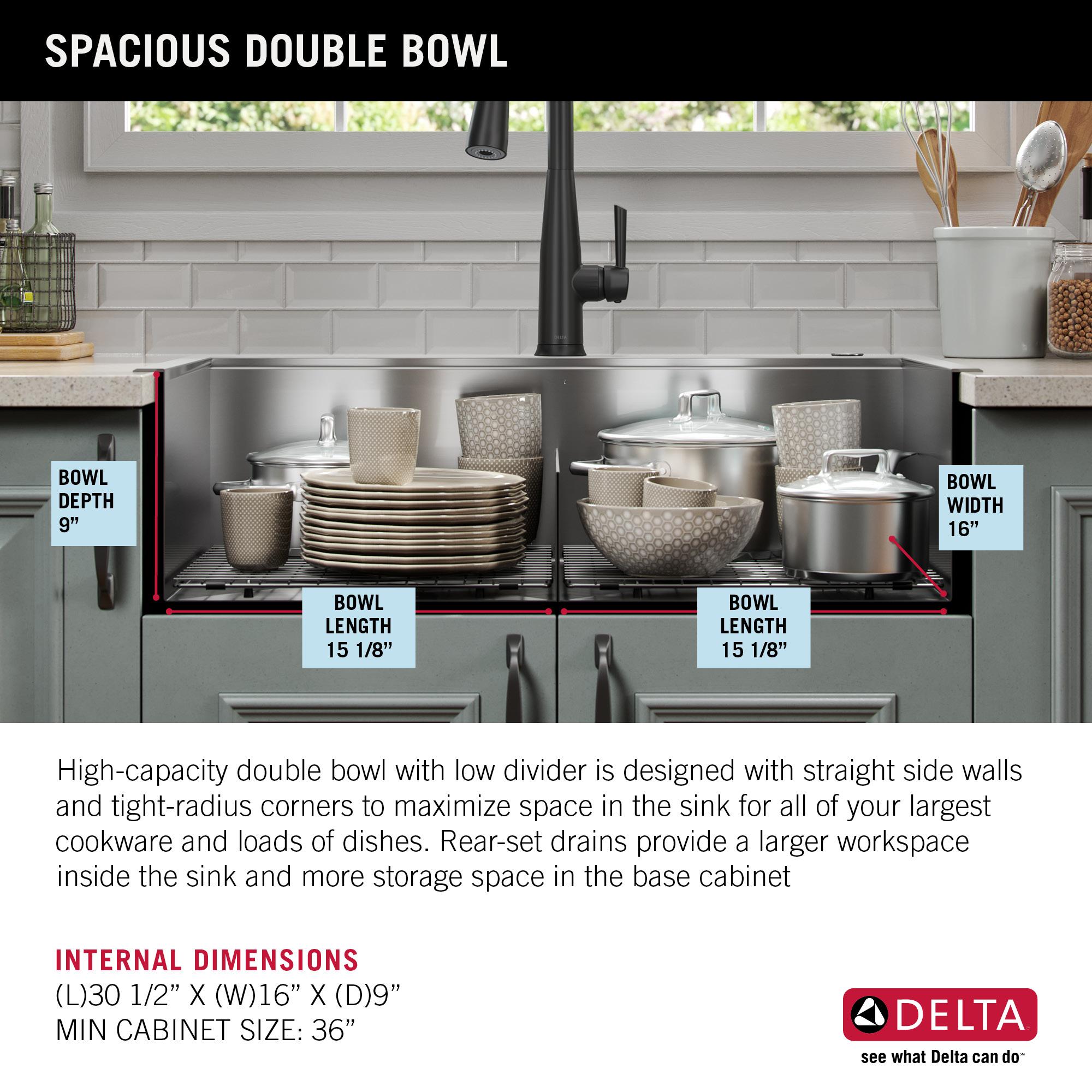 Delta Rivet™ 33" L Workstation Kitchen Sink Drop-In Top Mount 16 Gauge Stainless Steel 50/50 Double Bowl