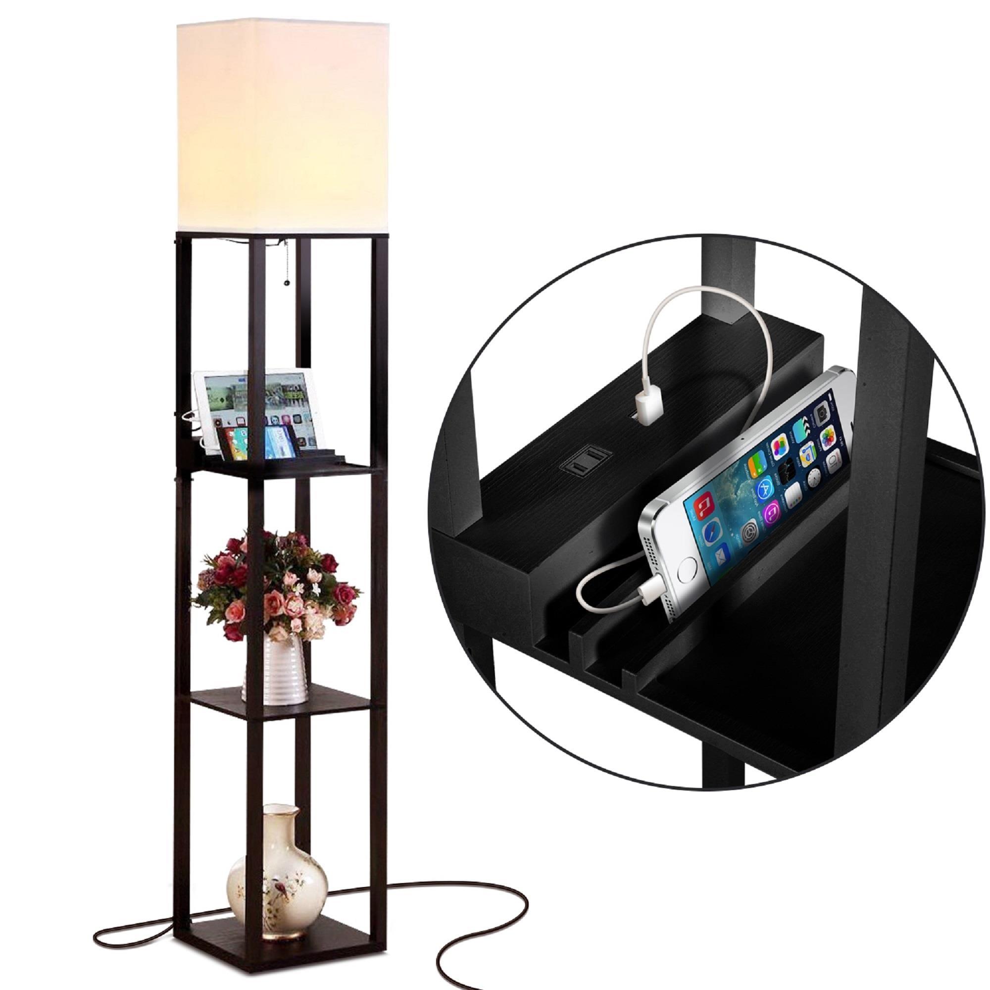 Classic Black Adjustable Wooden Shelf Floor Lamp with USB Ports