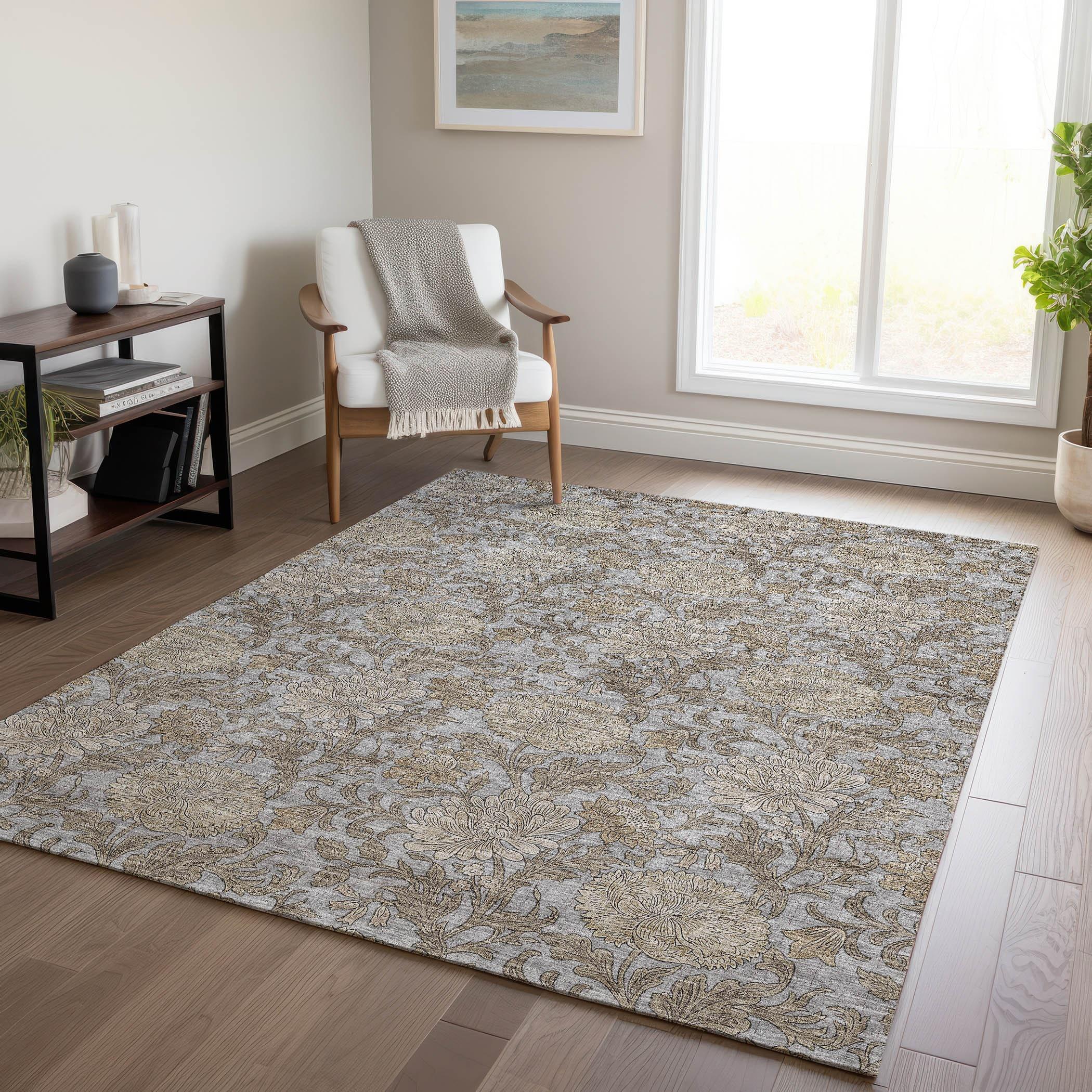 Gray Floral Synthetic Rectangular Kids Rug 2'6" x 3'10"