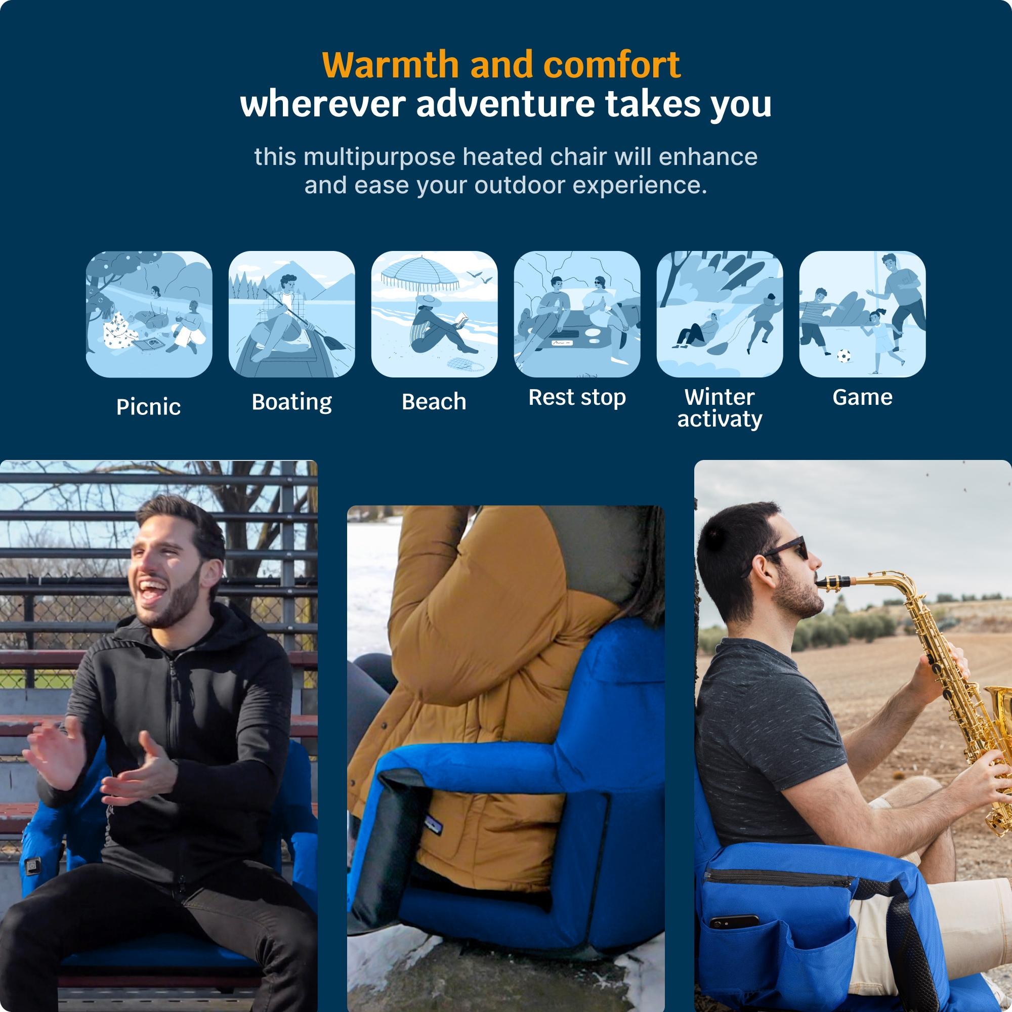 Extra Wide Heated Reclining Stadium Seat - Waterproof Foldable Chair, Thick Padding & Back Support