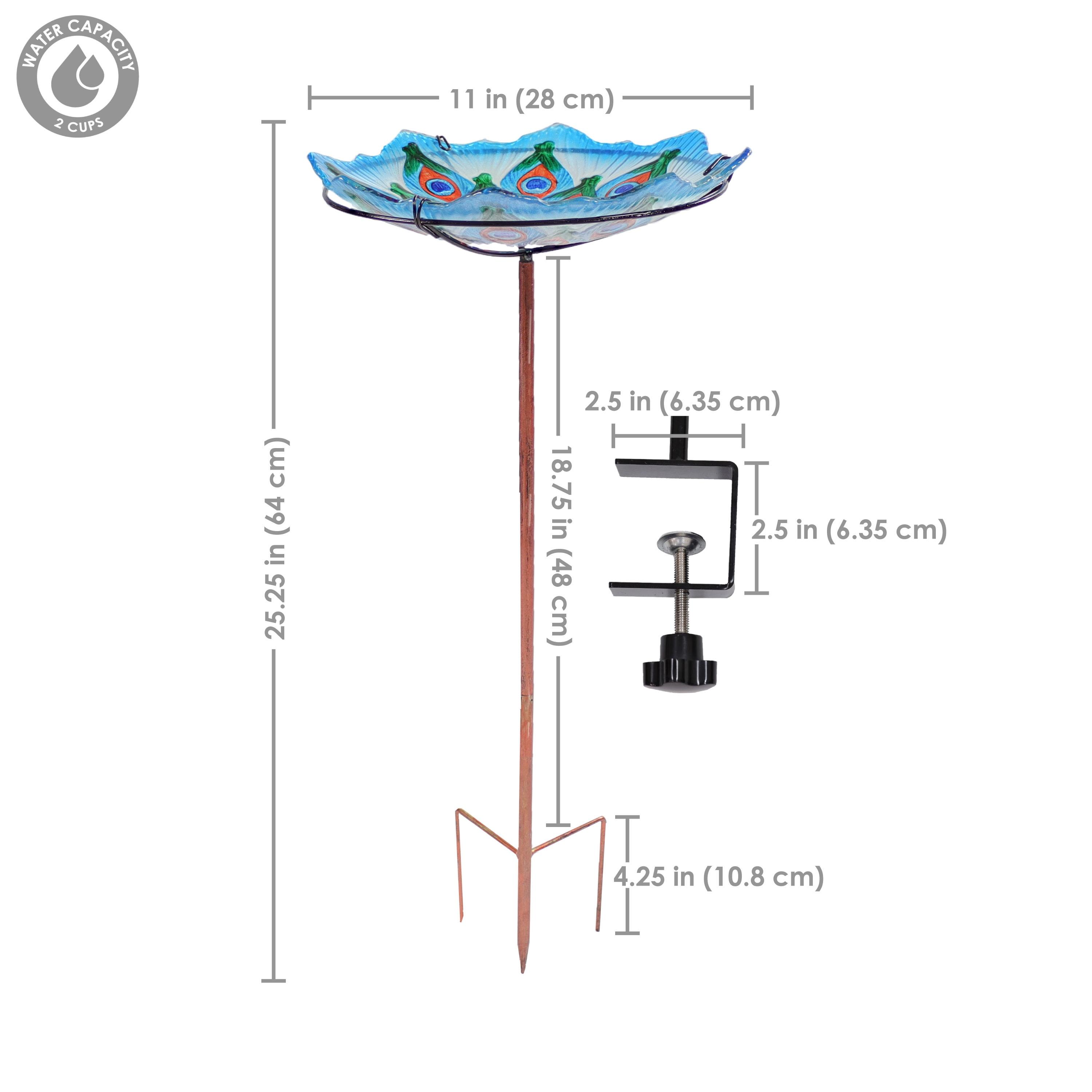 Sunnydaze Exquisite Feathers Deck-Mounted/Staked Glass Bird Bath - 11” Diameter - Turquoise