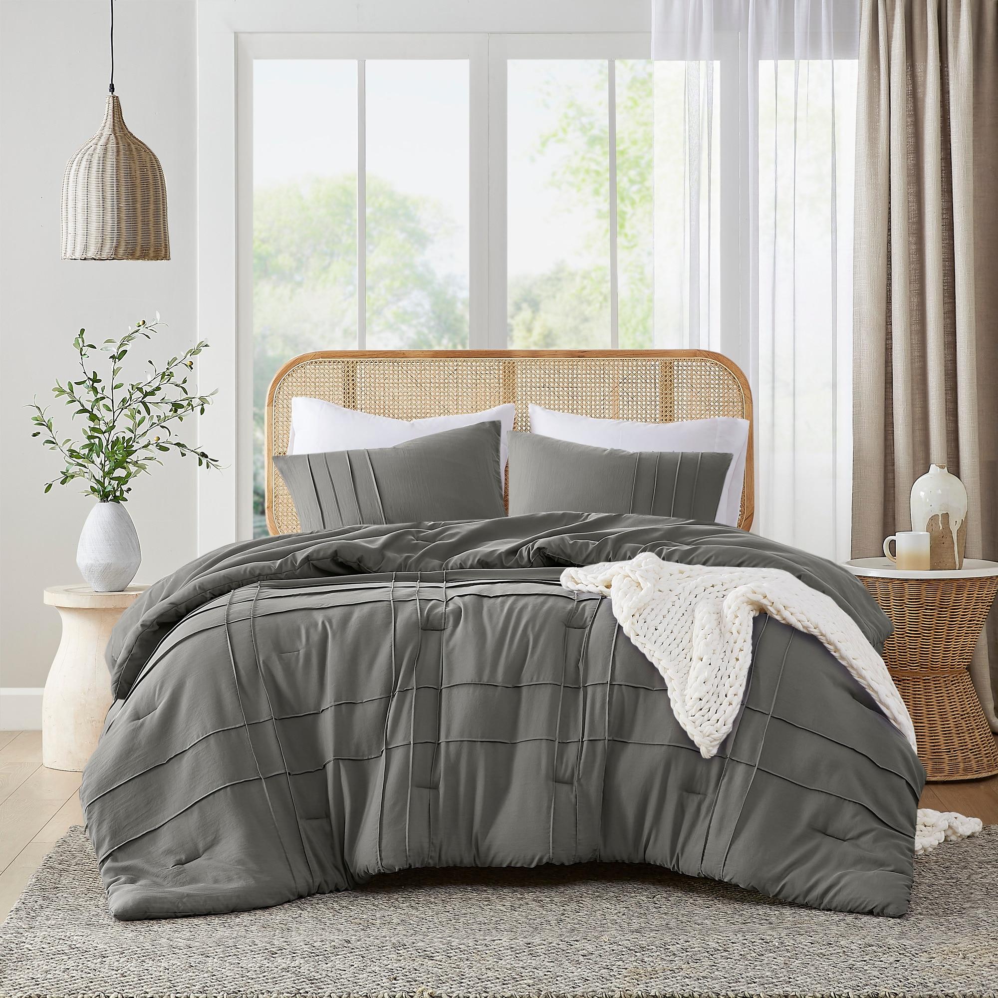 Regency Heights Twin/Twin XL Comforter Set, Boho 2-Piece Pintuck Stitching Dorm Bedding Set, Soft Washed Pleated Bed Sets with Pillow Sham Grey