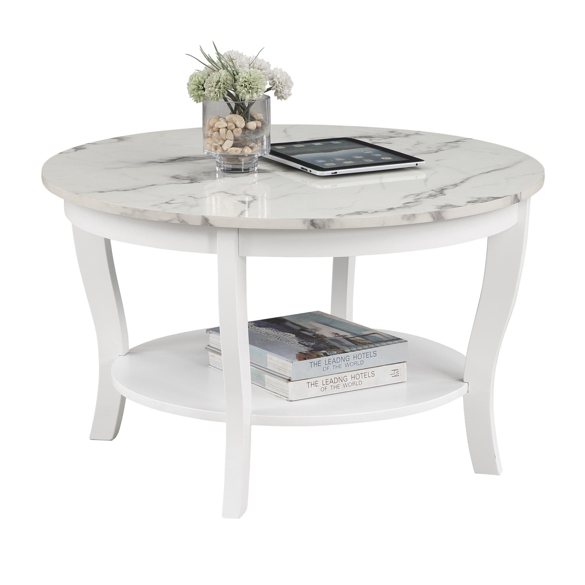 Convenience Concepts American Heritage Round Coffee Table with Shelf, White Faux Marble/White
