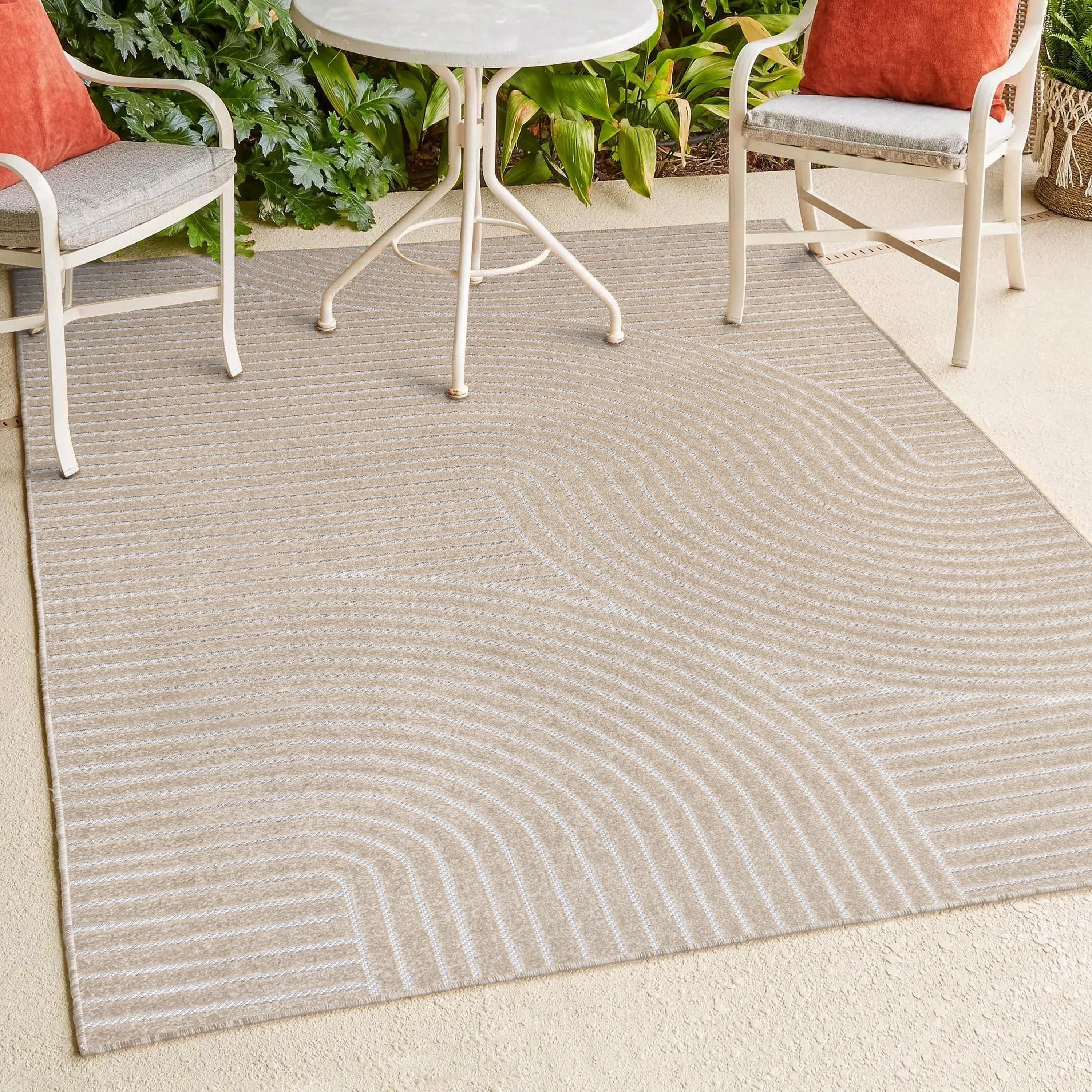 JONATHAN Y Hallie High-Low Minimalist Curve Geometric Beige/Cream 5 ft. x 8 ft. Indoor/Outdoor Area Rug