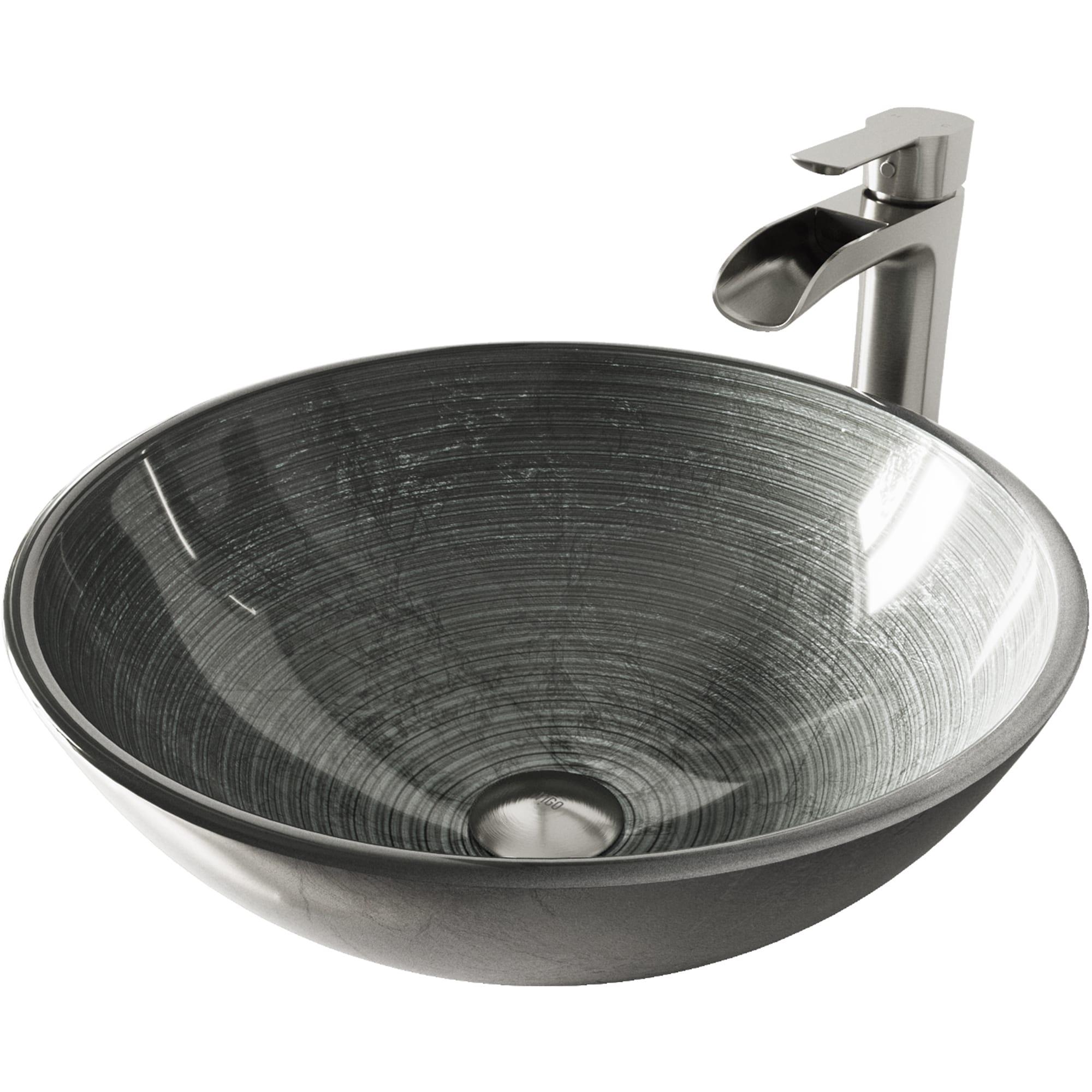 Titanium 17" L x 17" W x 6" H Round Glass Vessel Bathroom Sink with 4" H Faucet