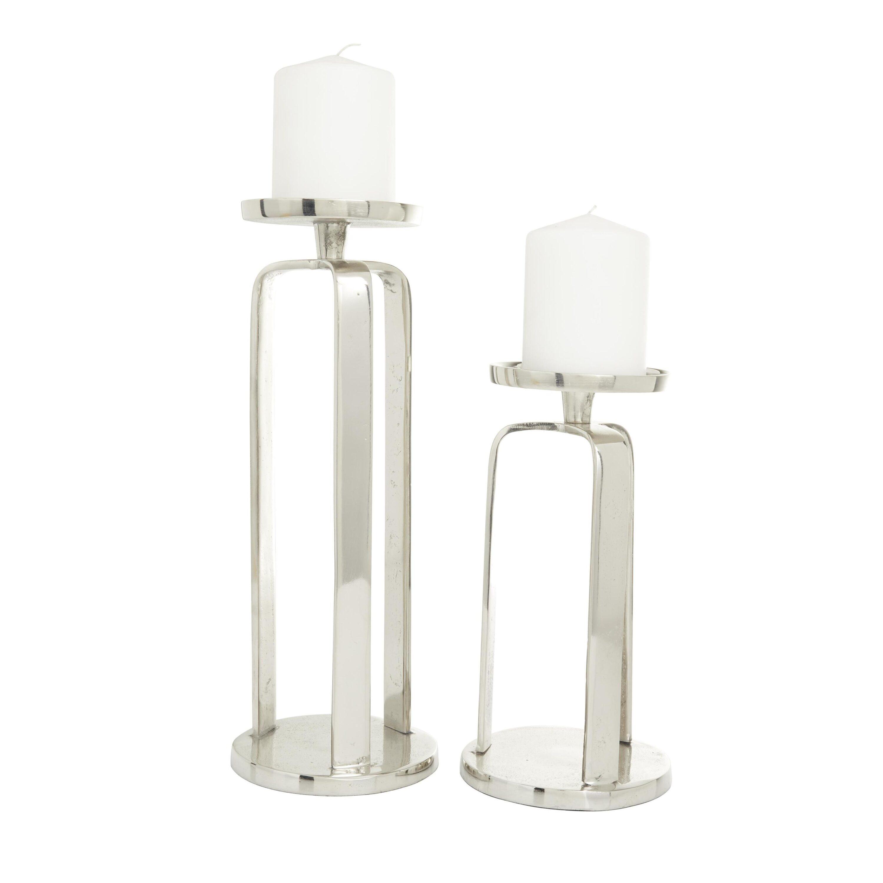 Contemporary Silver Aluminum Geometric Pillar Candle Holder Set