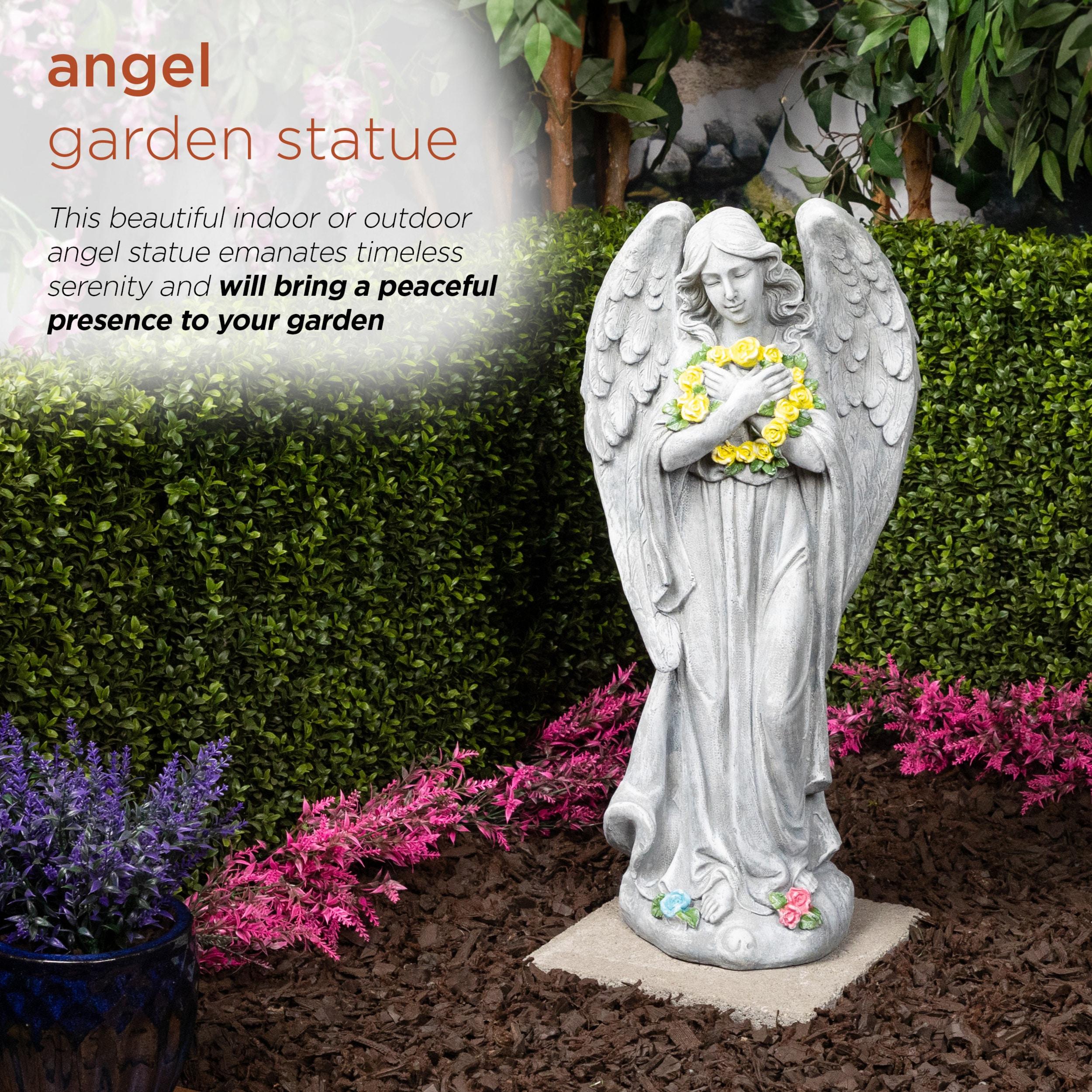 Alpine Corporation 29"H Angel with Yellow Flower Wreath Garden Statue