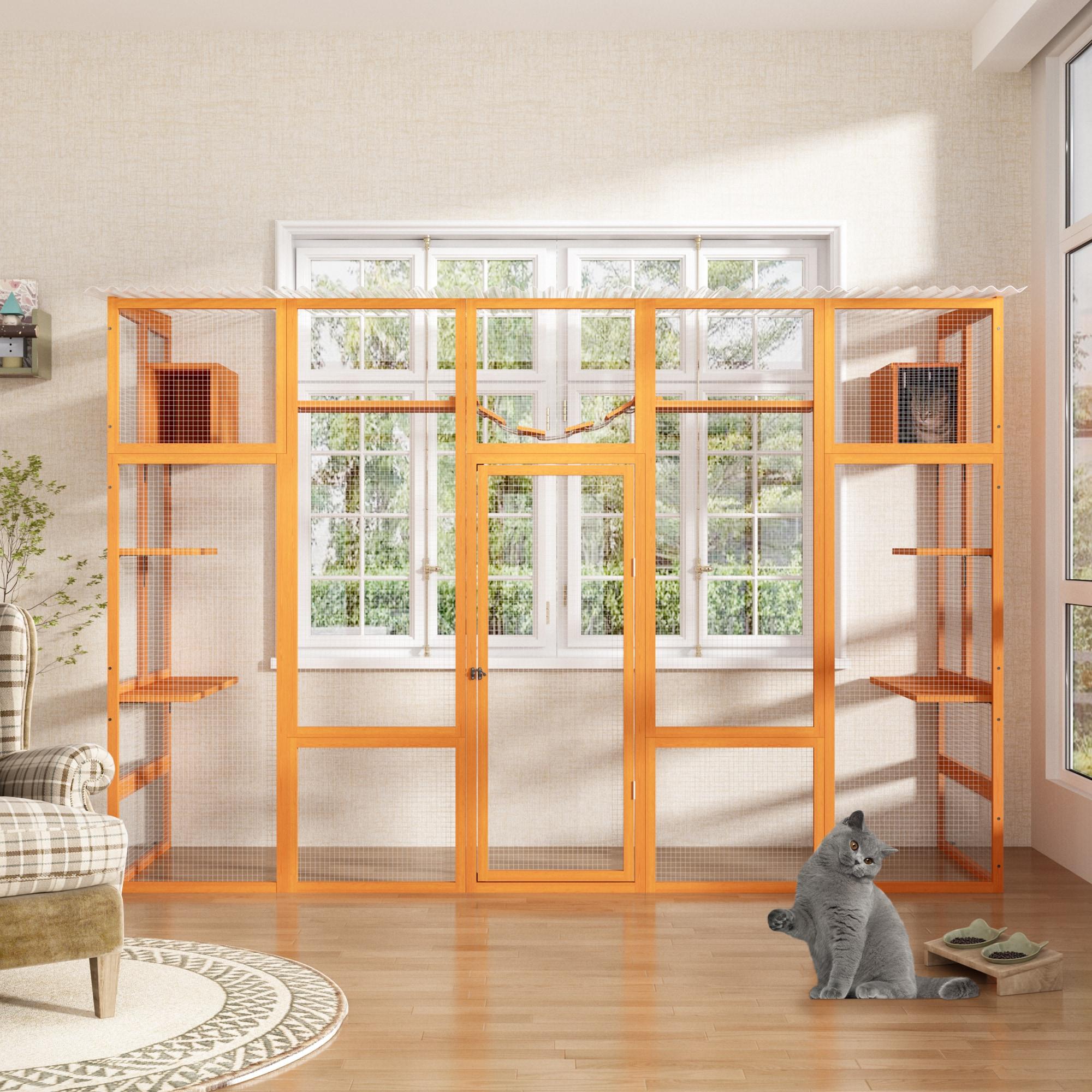 COZIWOW Outdoor Cat Enclosure, Catio Pet Safe House, 104" Extra Large Indoor Window Box with 7 Platforms, Resting Houses, and Walk-In Door, Orange