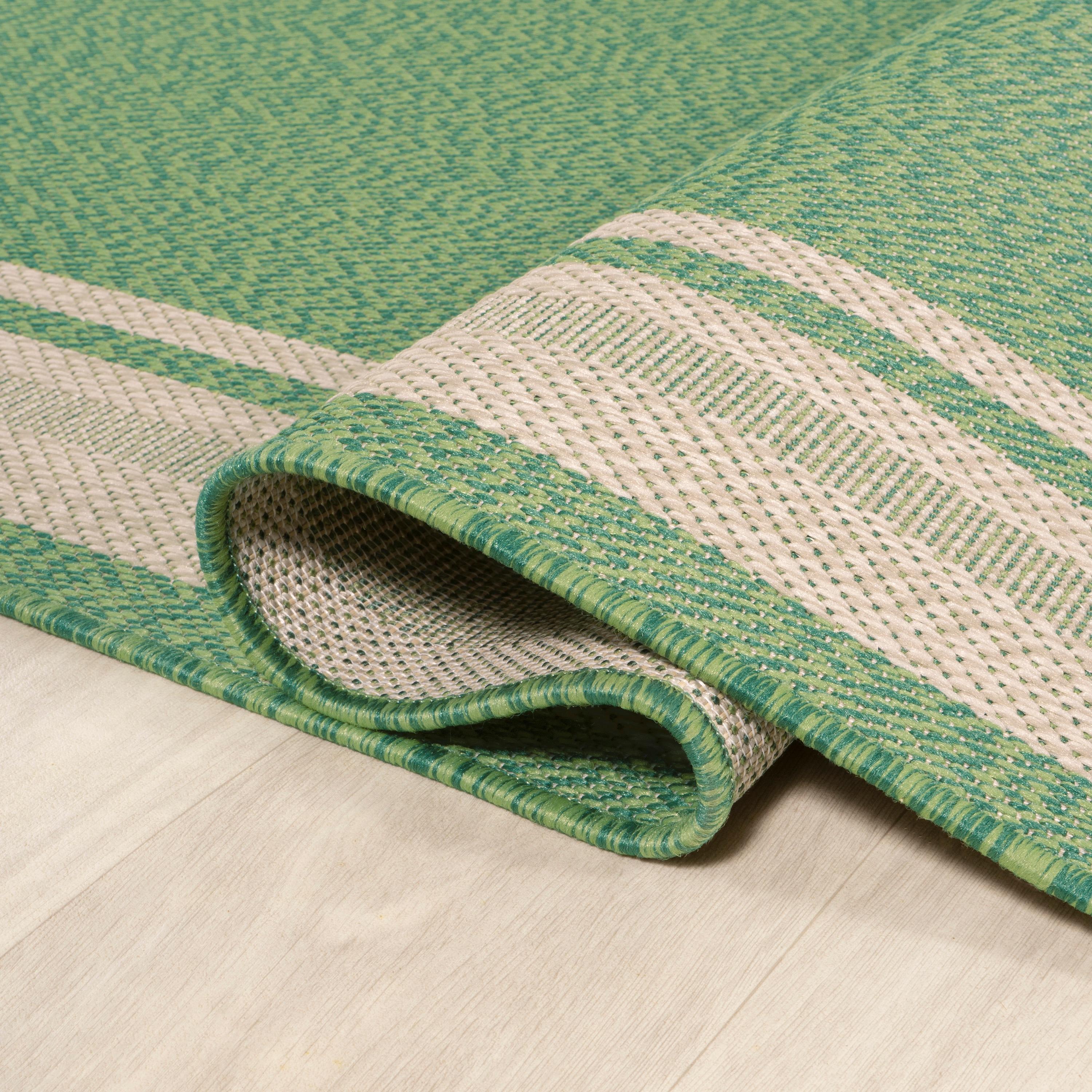 2' x 8' James Modern Border Stripe Indoor/Outdoor Runner Rug, Green/Cream - JONATHAN Y