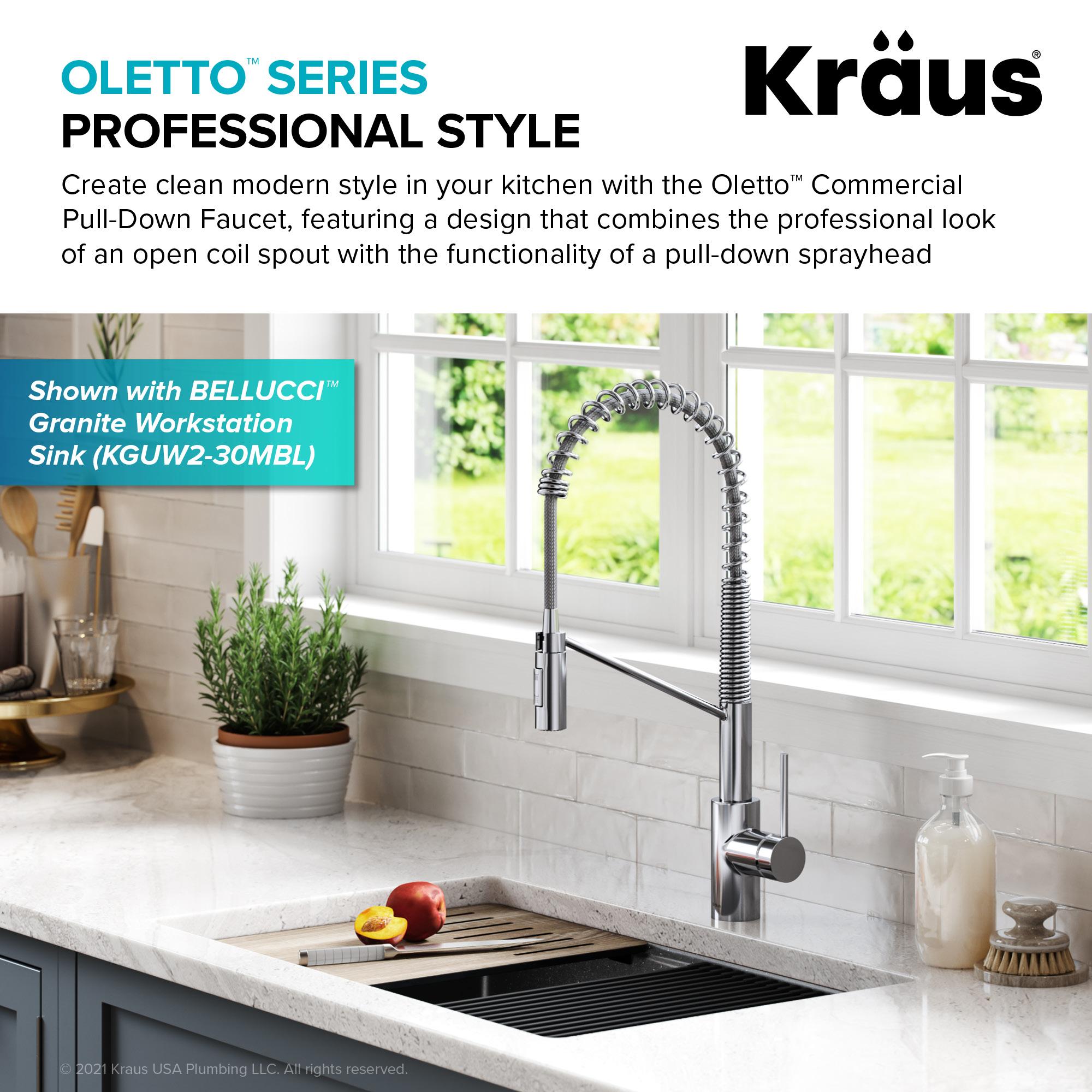 KRAUS Oletto Commercial Style Single Handle Pull Down Kitchen Faucet with QuickDock Top Mount Installation Assembly