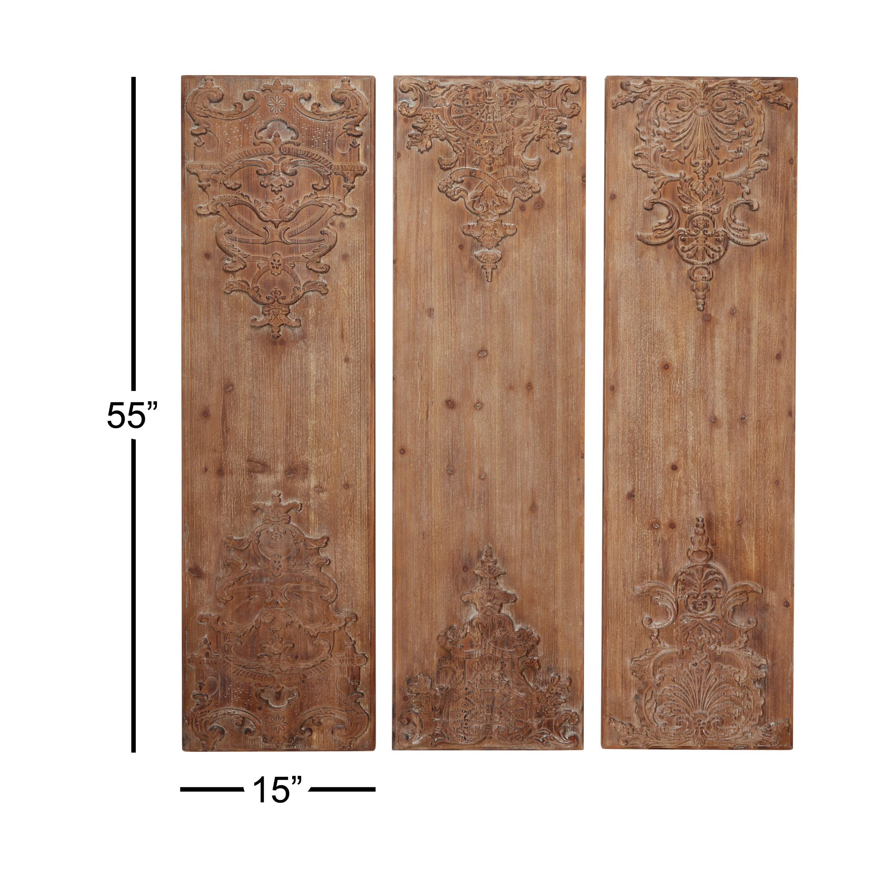 Wood Floral Carved Antefix Wall Decor Set of 3 Brown - Olivia & May: Rustic Style, Indoor Vertical Panels