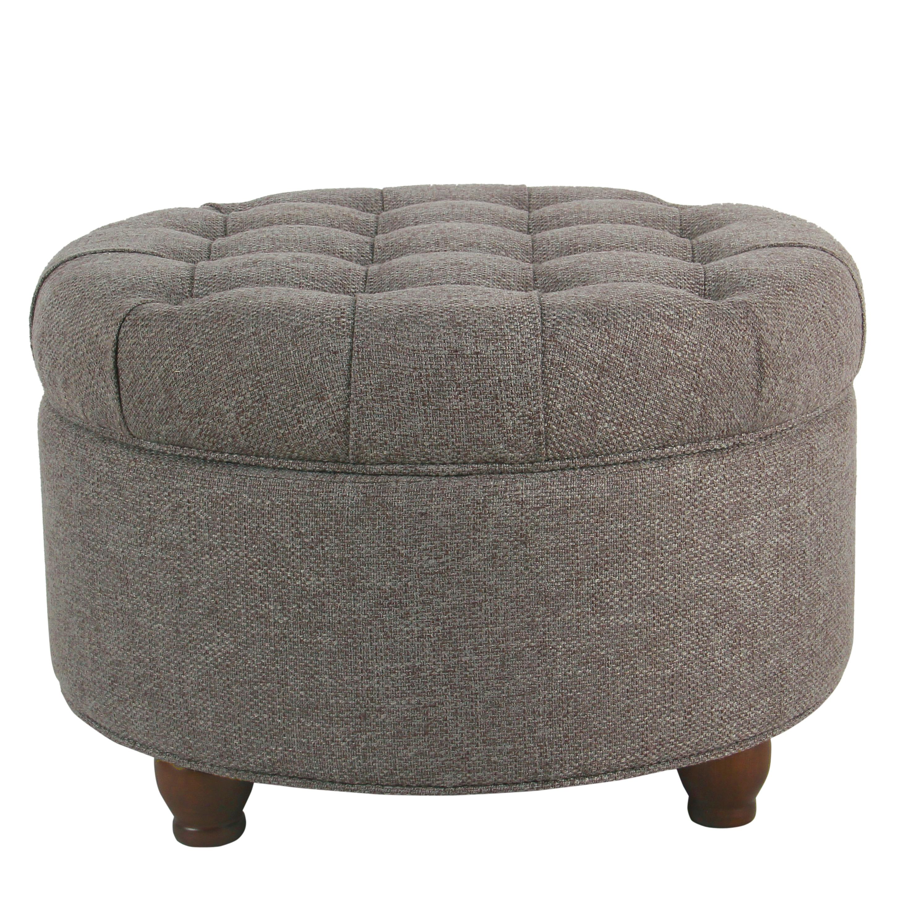 Large Tufted Round Storage Ottoman with Lid & Wood Legs - HomePop