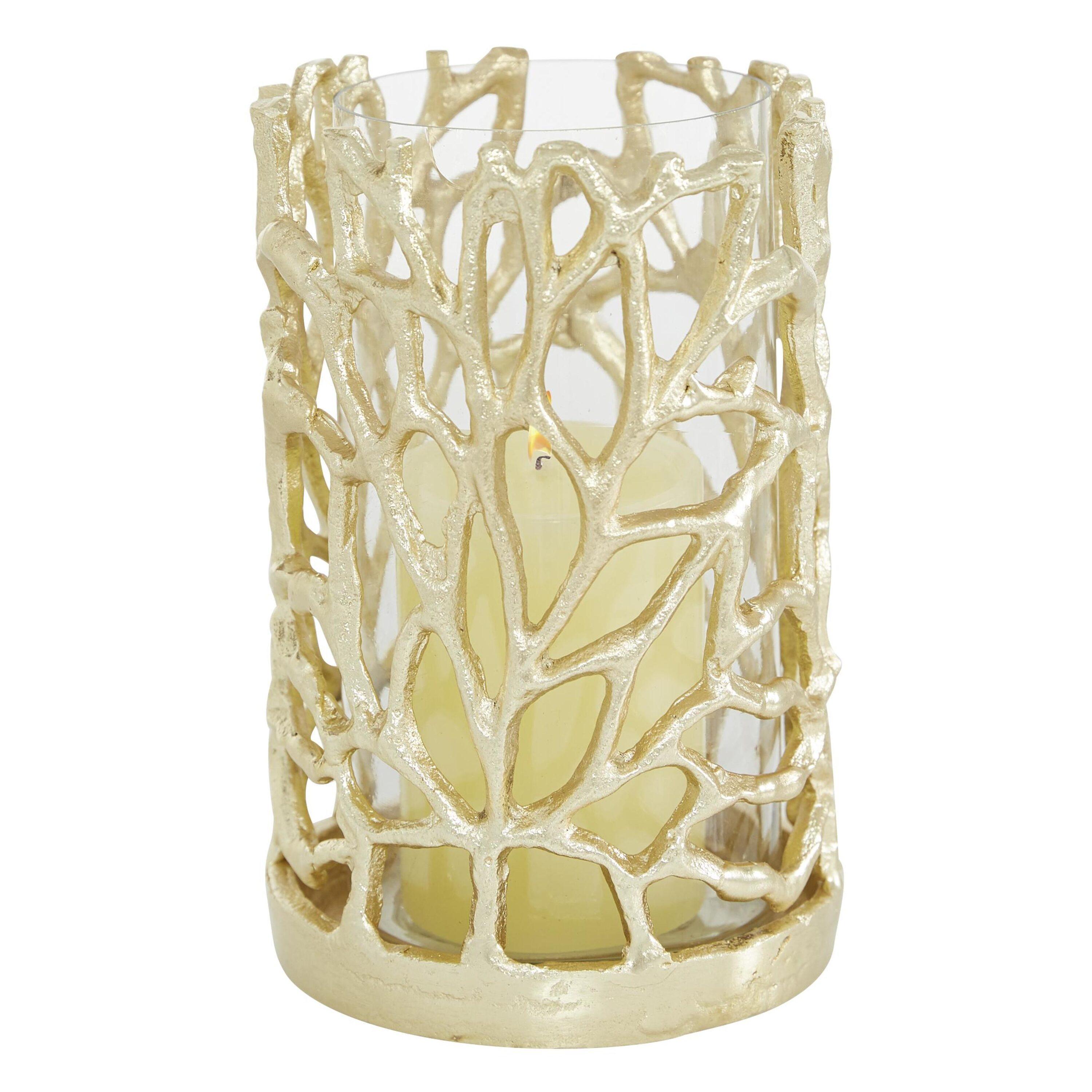 DecMode Gold Aluminum Metal Decorative Candle Lantern with Coral Pattern