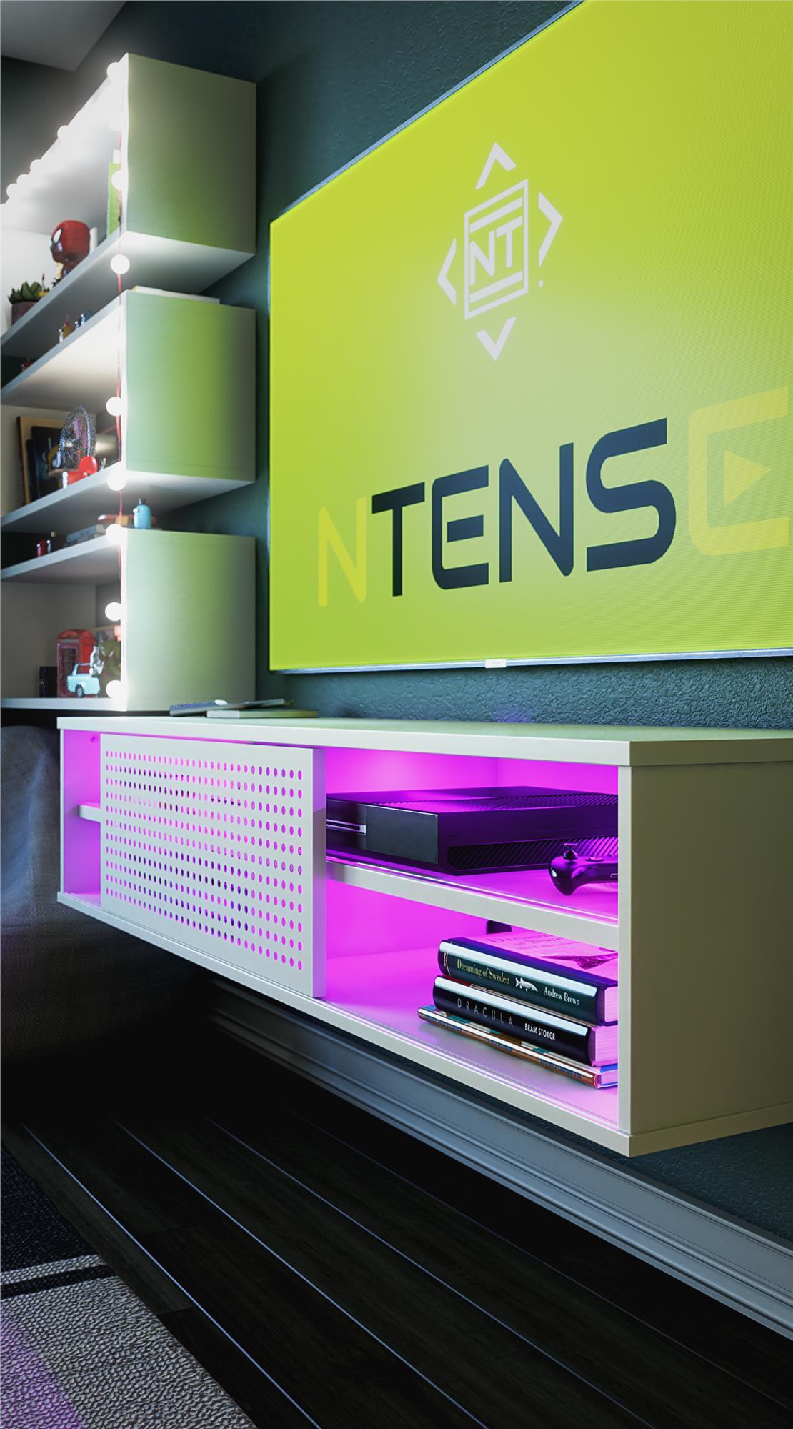 Glitch Floating TV Stand for TVs up to 60" White - NTENSE: Modern Media Console, MDF, 95 lbs Capacity