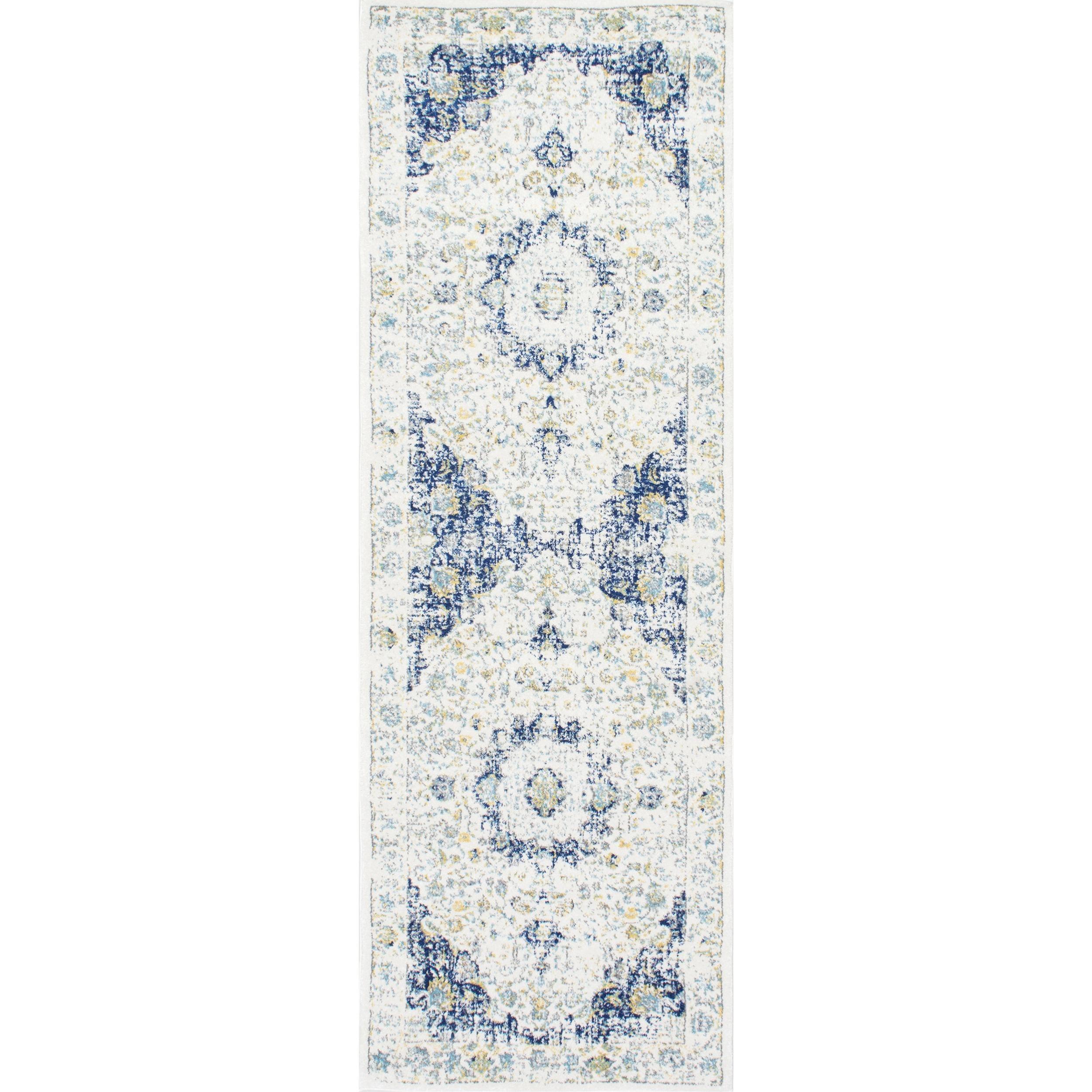 Blue and White Synthetic Reversible Runner Rug