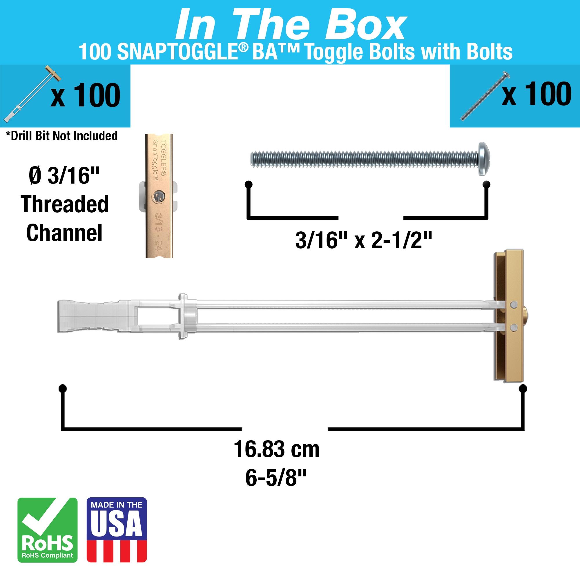 TOGGLER SNAPTOGGLE Heavy-Duty Drywall Toggle Bolt – 3/16"-24 UNC Zinc-Plated Anchor for Hollow Walls, Plaster & Tile – Holds 238 lbs in 1/2" Drywall, Easy Install – 100 Pack (W/Roundhead Bolts)