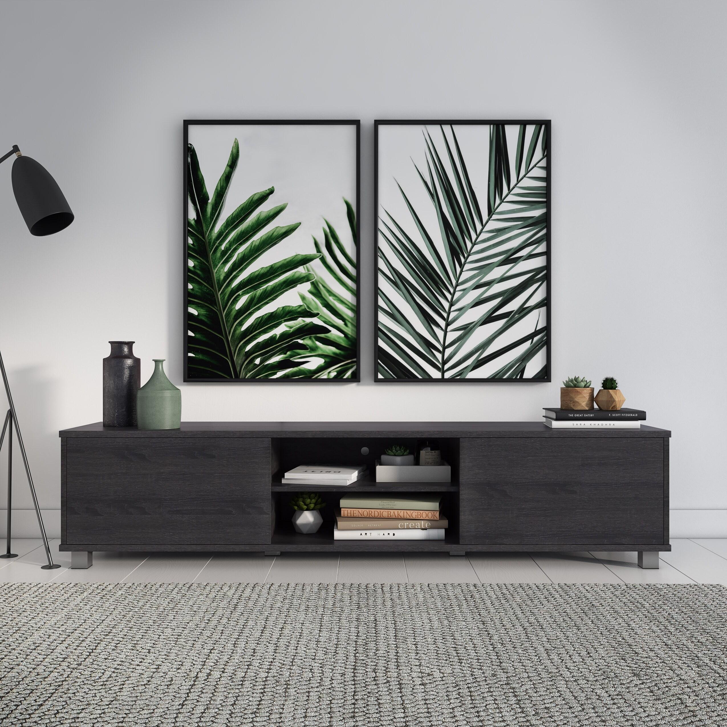 CorLiving Hollywood TV Stand for TVs up to 85" with Doors Wood Grain Dark Gray: Modern Media Console, Adjustable Shelves