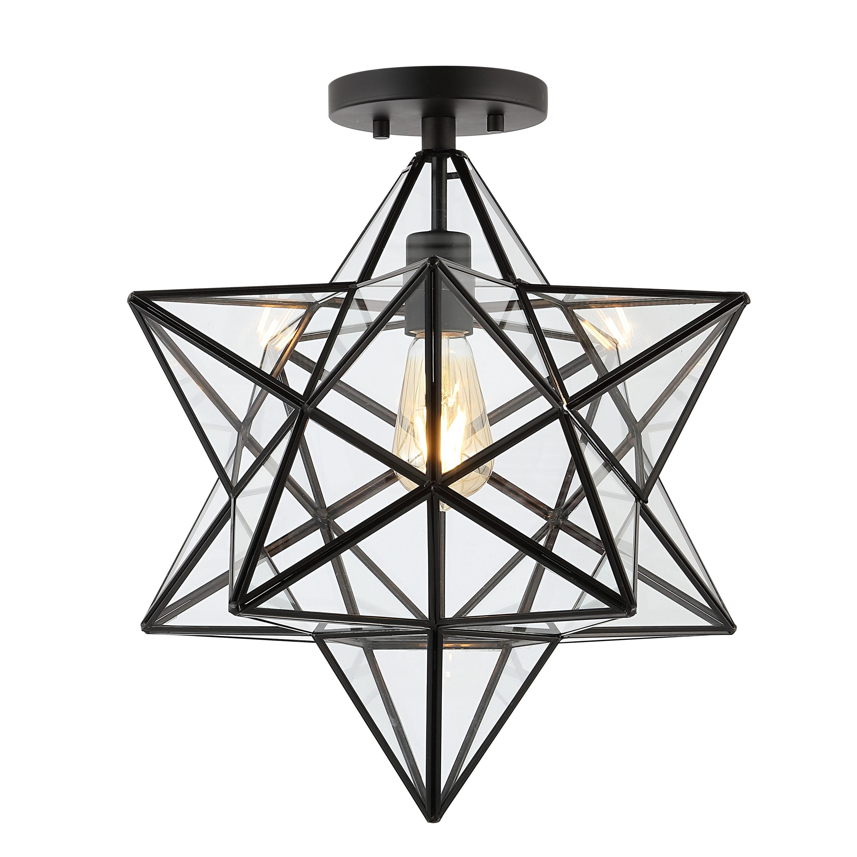 Ava 14.5" 1-Light Farmhouse Bohemian Iron/Glass LED Semi Flush Mount, Black/Clear