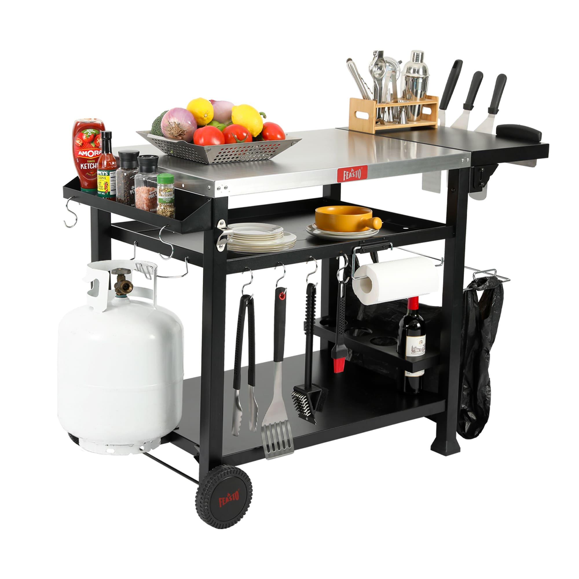 50 in. Three-Shelf Stainless Outdoor Movable Food Prep Grill Cart Table with Fordable Side Table