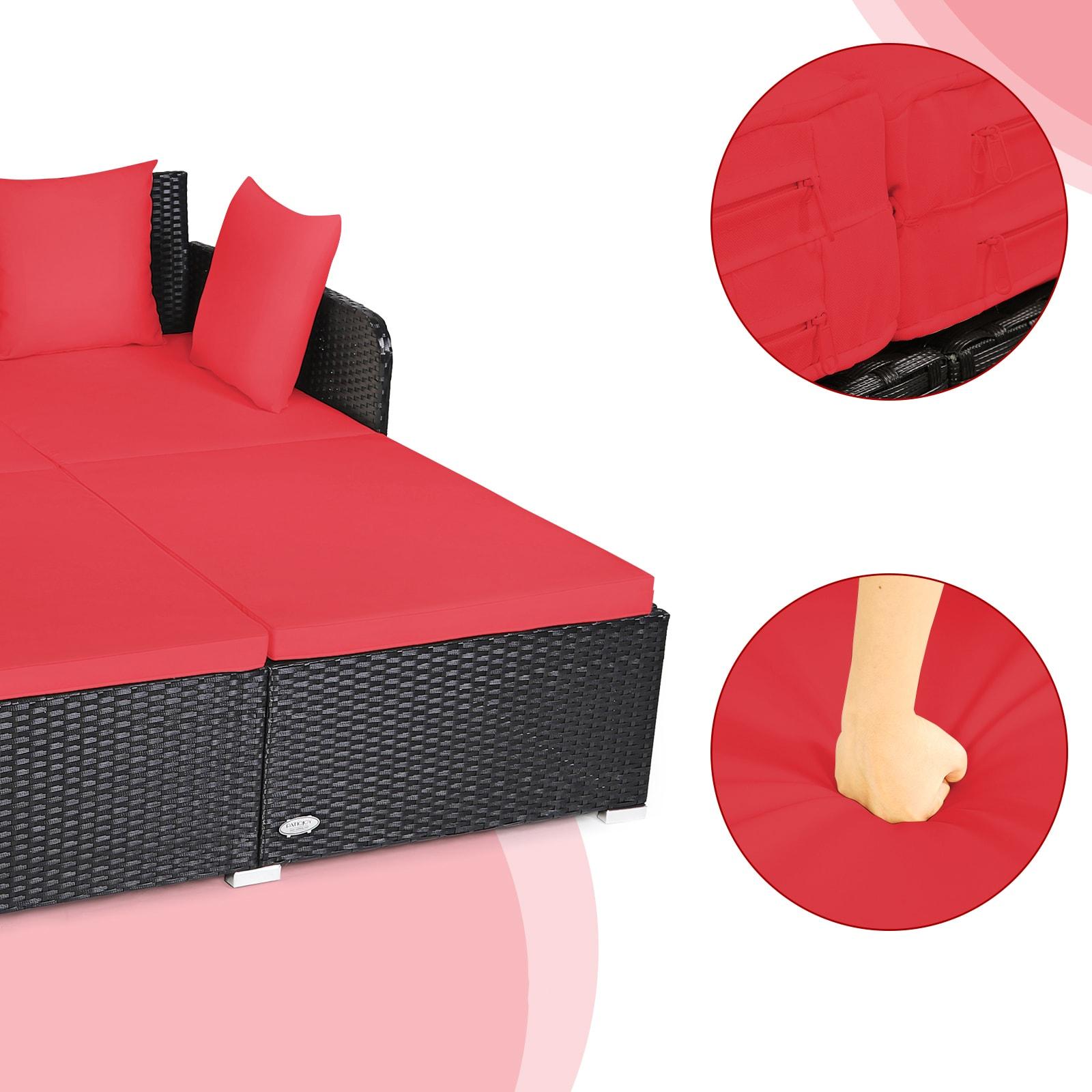 Costway Outdoor Patio Rattan Daybed Thick Pillows Cushioned Sofa Furniture Red