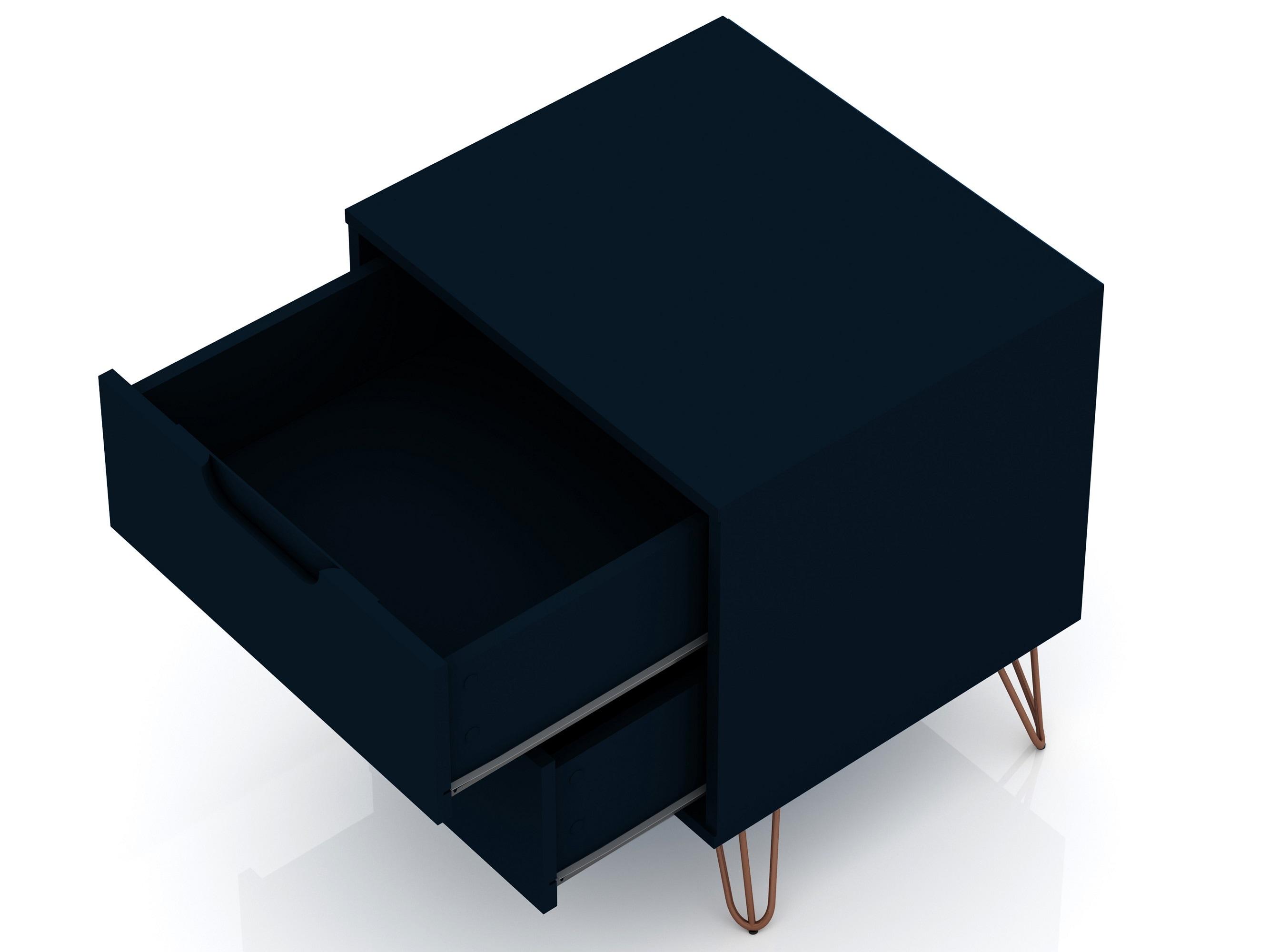 Set of 2 Rockefeller 2 Drawer Nightstands Tatiana Midnight Blue - Manhattan Comfort: Modern Splayed Metal Legs, MDF