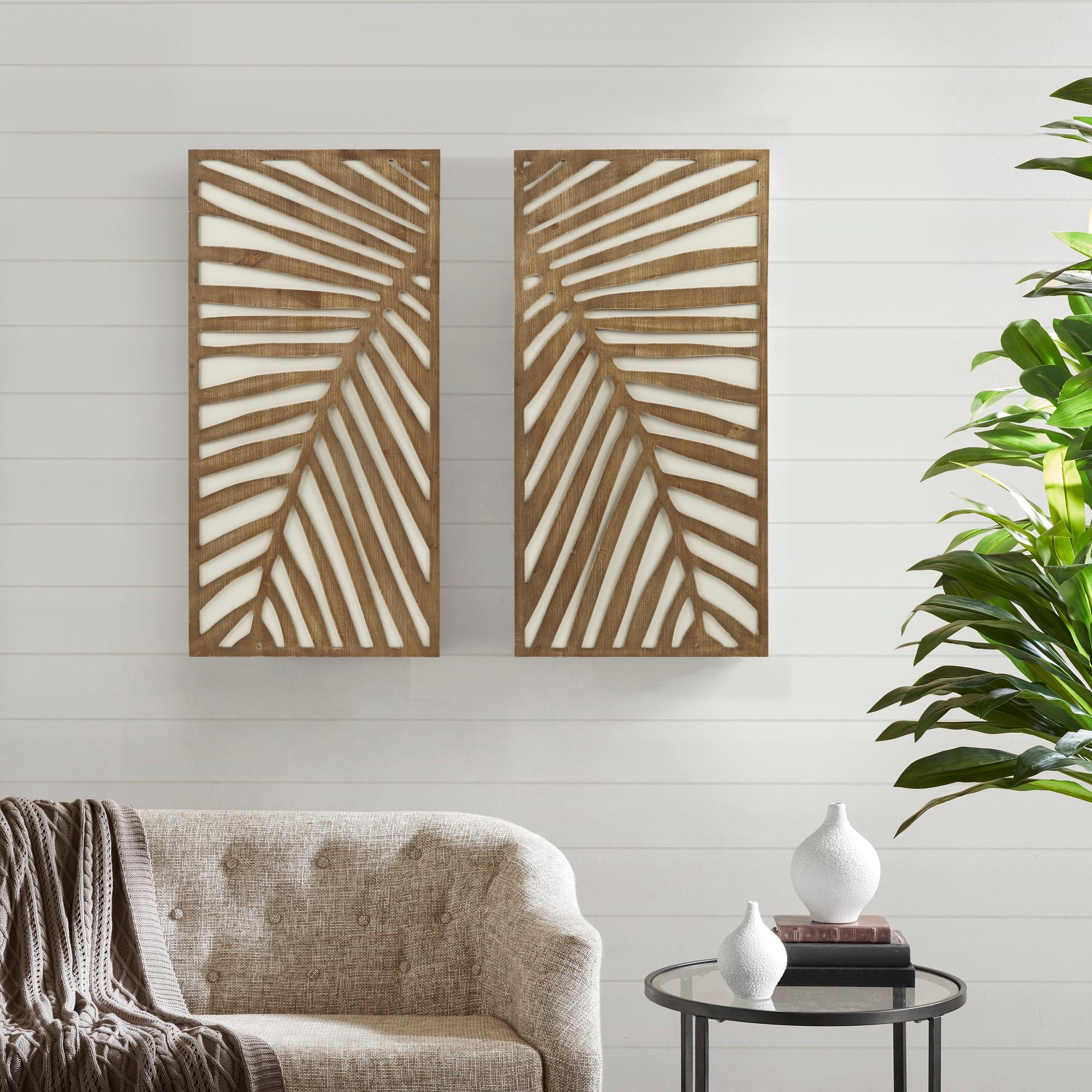 2pc Birch Palms Carved Wall Panel Set Dark Brown - Madison Park: MDF Construction, Modern Botanical Decor