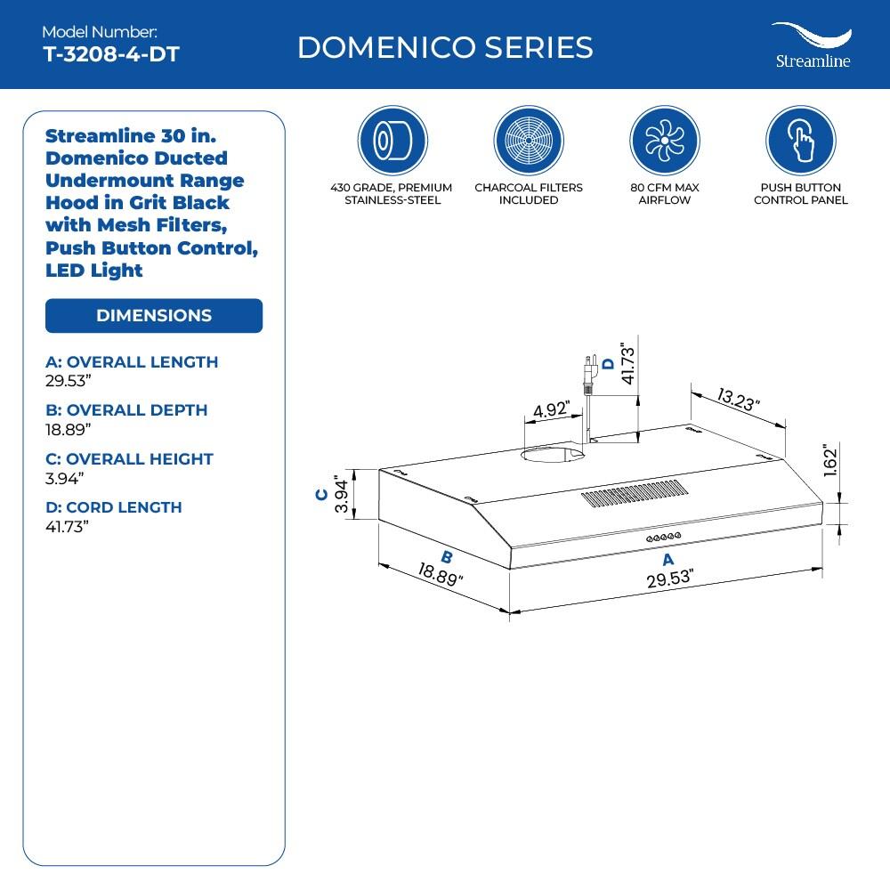 Streamline Domenico 30" 80 Cubic Feet Per Minute Ducted Under Cabinet Range Hood with Mesh Filter and Light Included