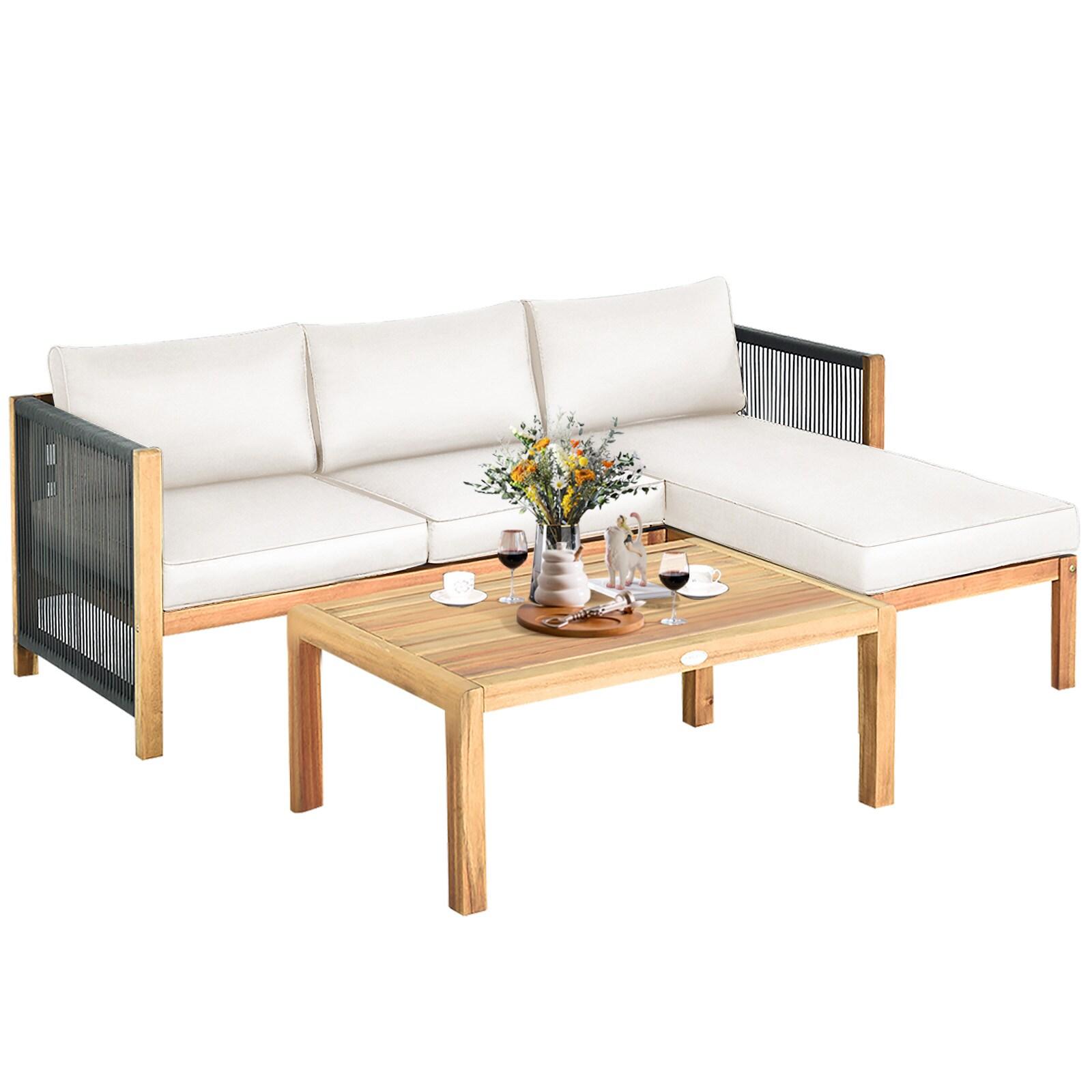 Topcobe 3 Piece Patio Acacia Sofa Set with Nylon Armrest, Outdoor Furniture, White