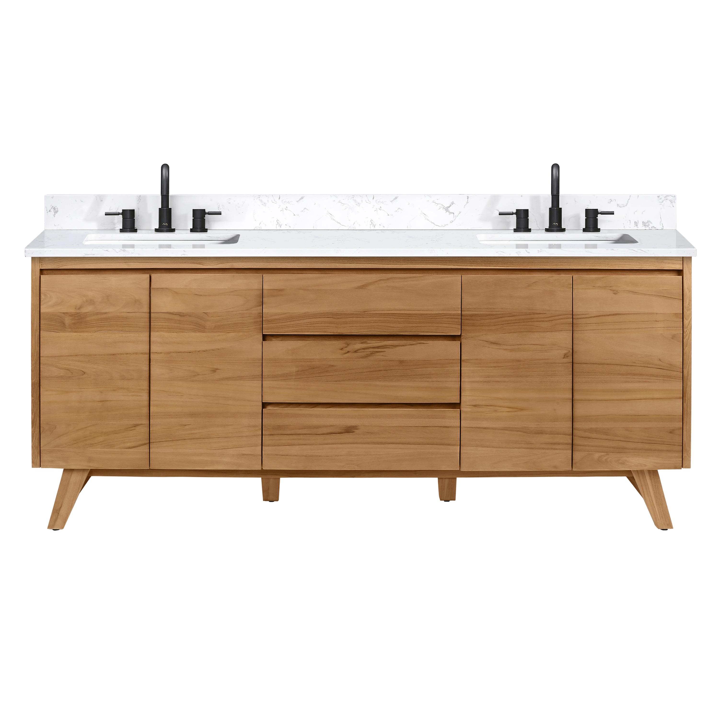 Coventry 73 in. Double Sink Bath Vanity in Natural Teak with Cala White Engineered Stone Top