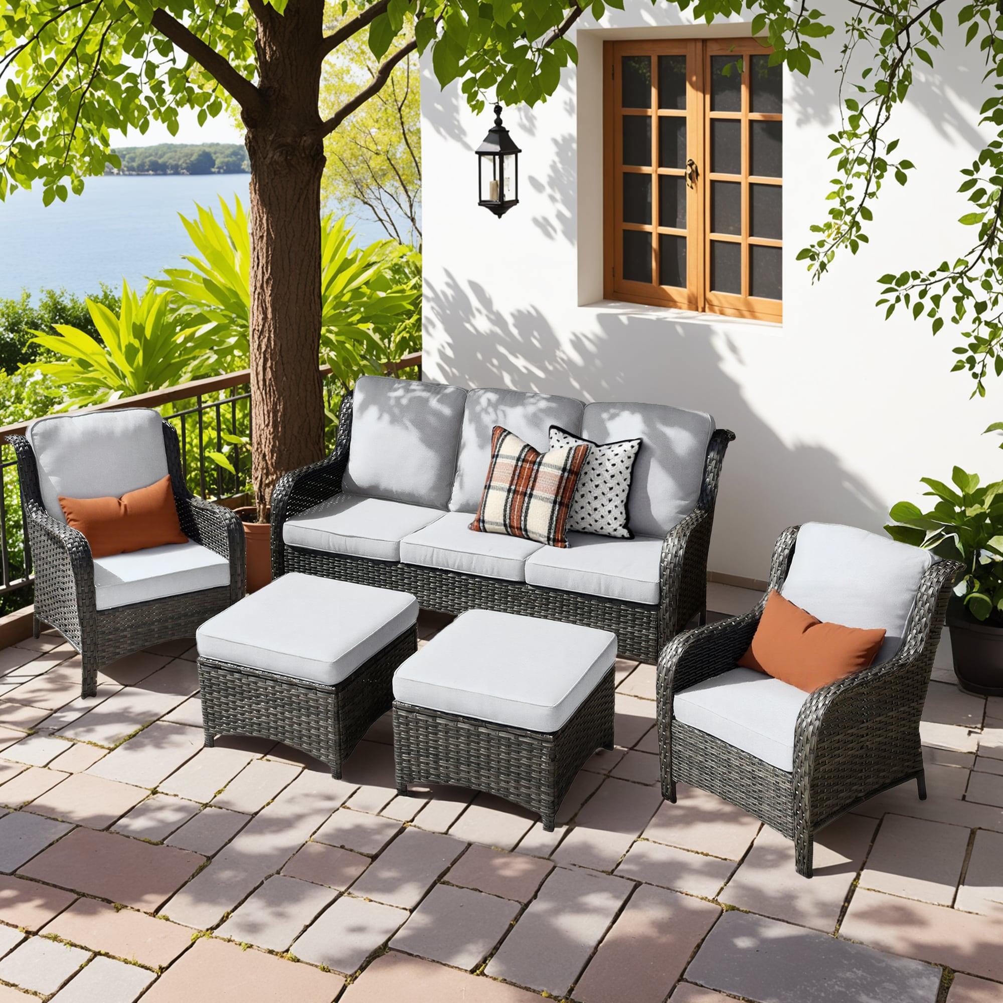 Ovios 5 Pieces Outdoor Patio Furniture Set Wicker Rattan Outdoor Conversation Comfortable Sectional Sofa with Steel Frame, Grey