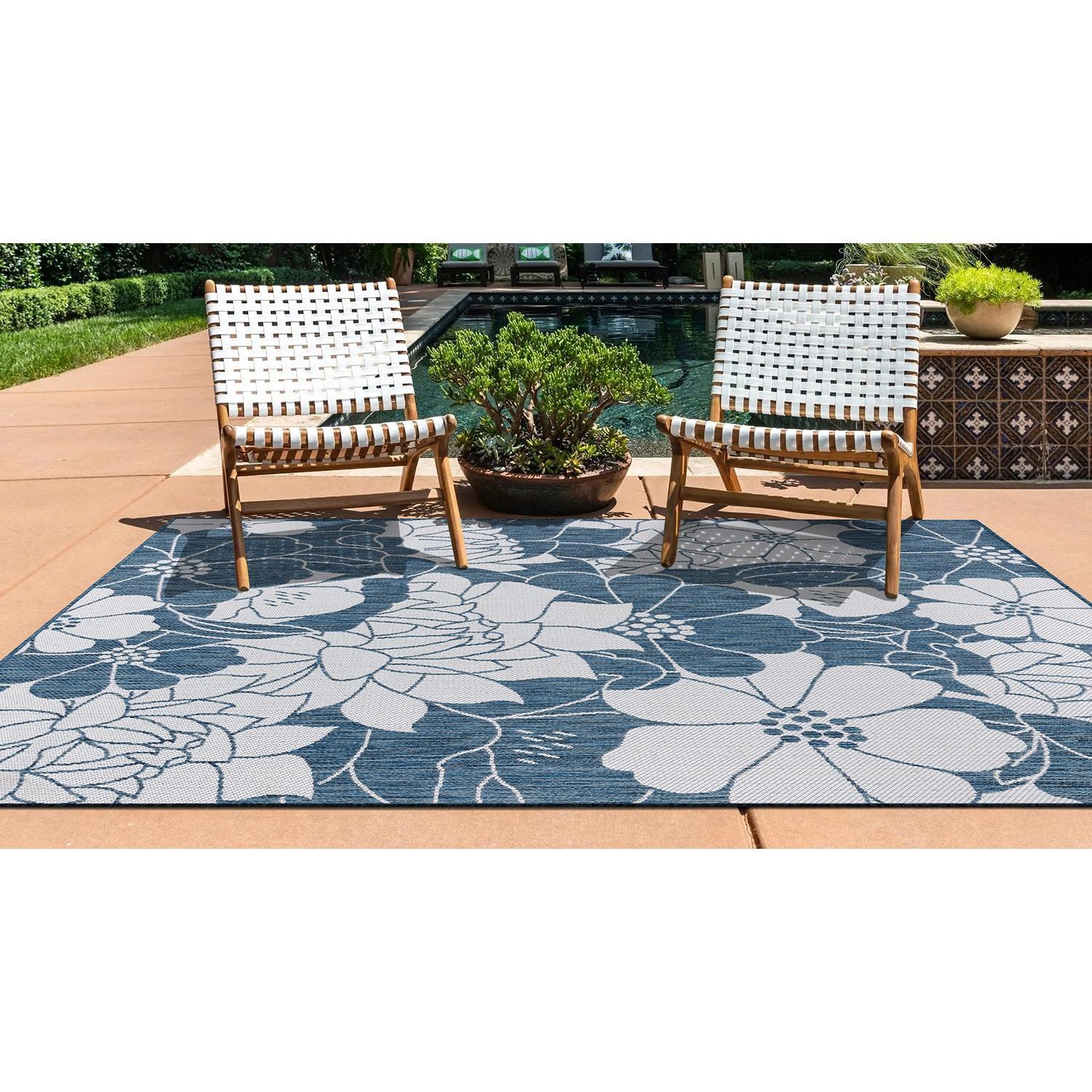 World Rug Gallery Modern Floral Flowers Textured Flat Weave Indoor/Outdoor Area Rug - NAVY 5' X 7'