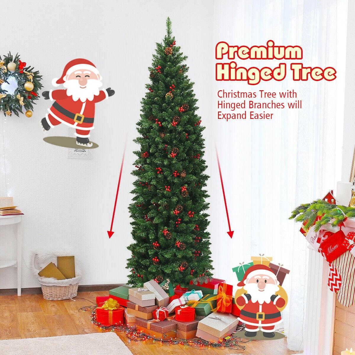 Costway 6.5Ft Pre-lit Hinged Pencil Christmas Tree w/Pine Cones Red Berries & 250 Lights