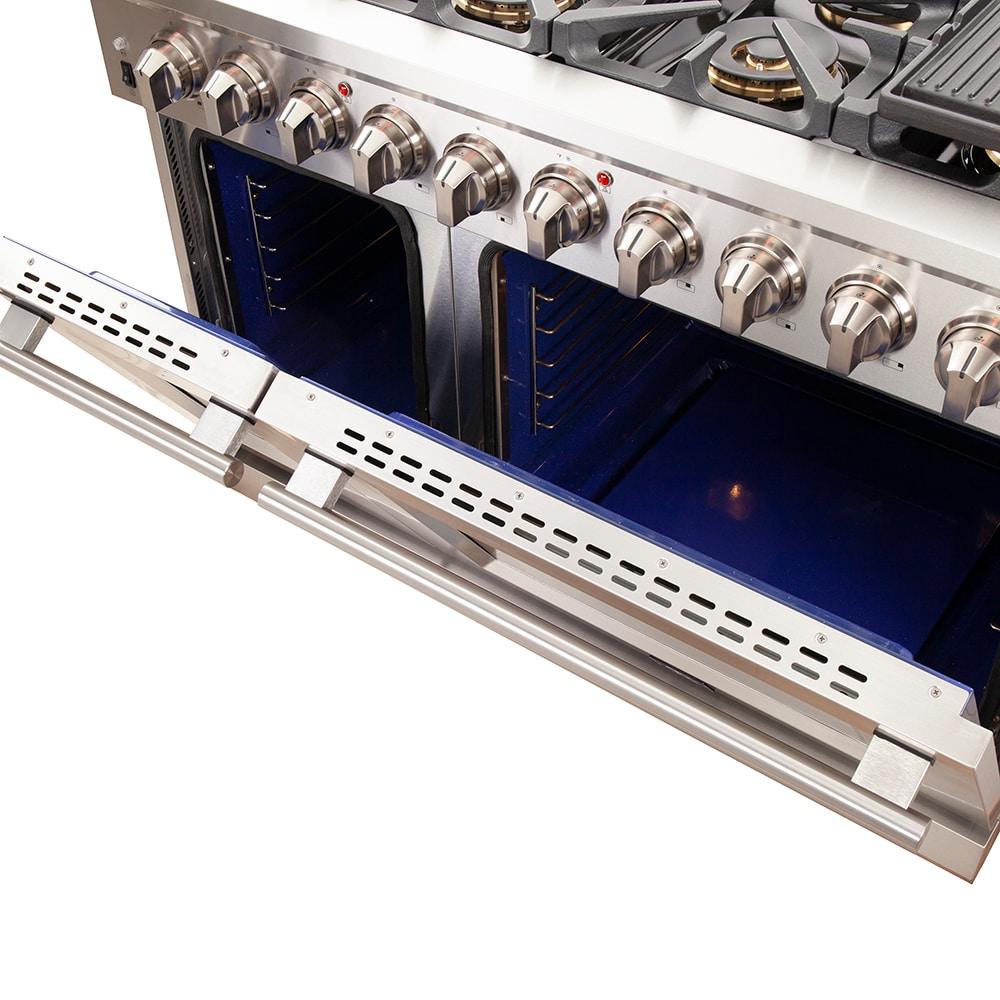 Capriasca 48-inch Gas Range Stainless Steel, 8 Brass Burners 160,000 BTU, 6.58 cu.ft. Double Ovens