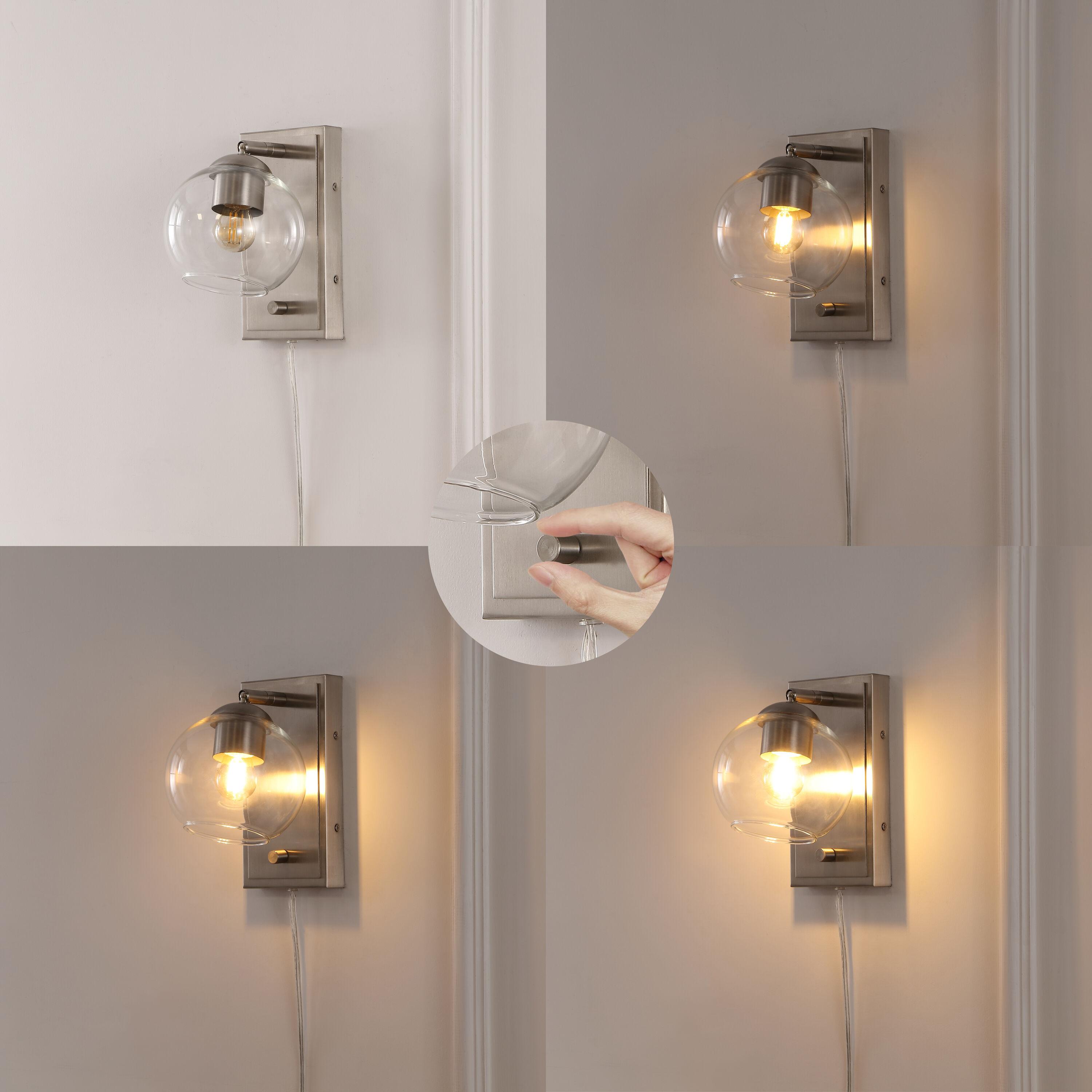 Hugo 6" 1-Light Minimalist Modern Plug-In or Hardwired Adjustable Iron LED Wall Sconce with Rotary Dimmer, Nickel with Clear Globe