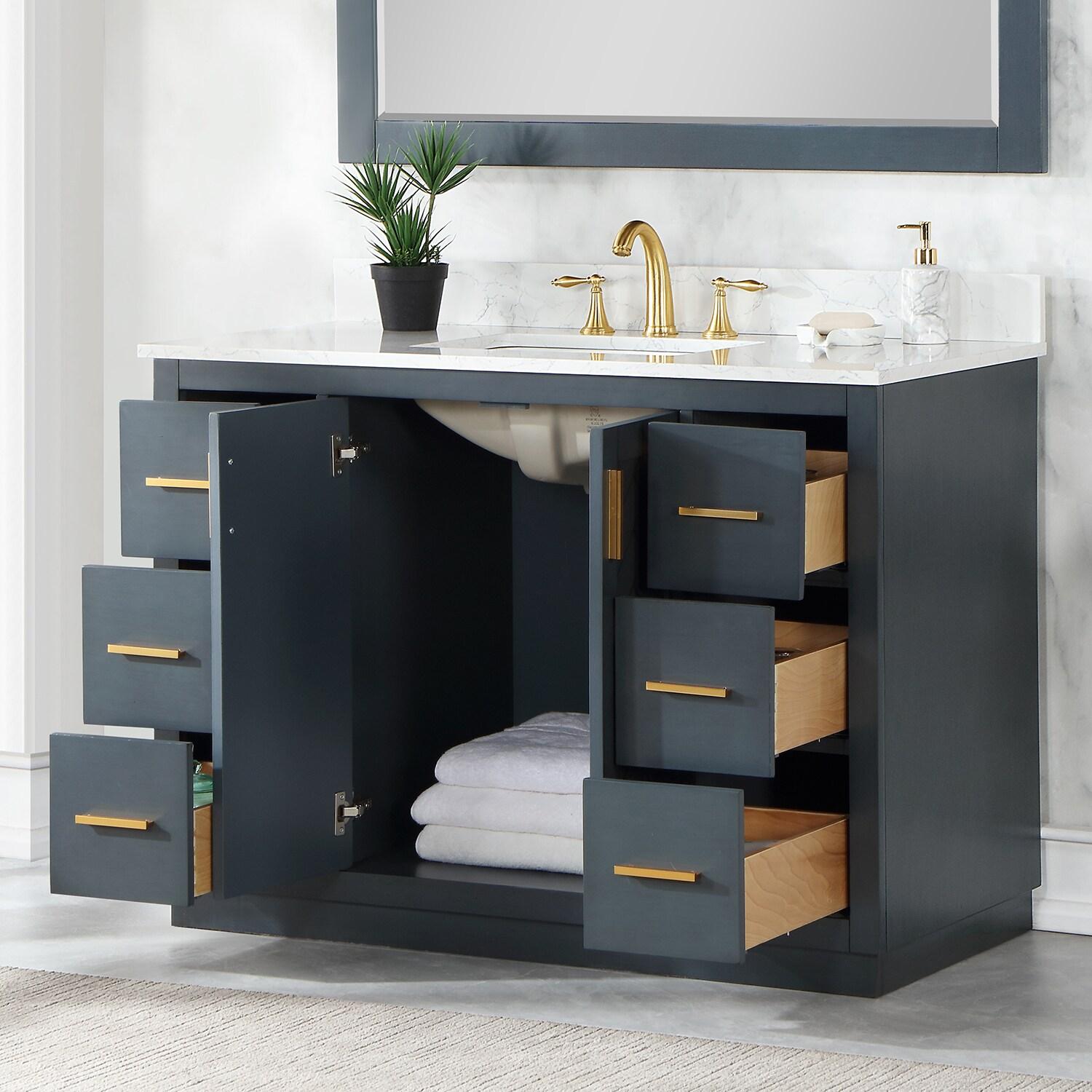 Gazsi 48" Single Bathroom Vanity Set in Charcoal Blue with Grain White Composite Stone Countertop without Mirror