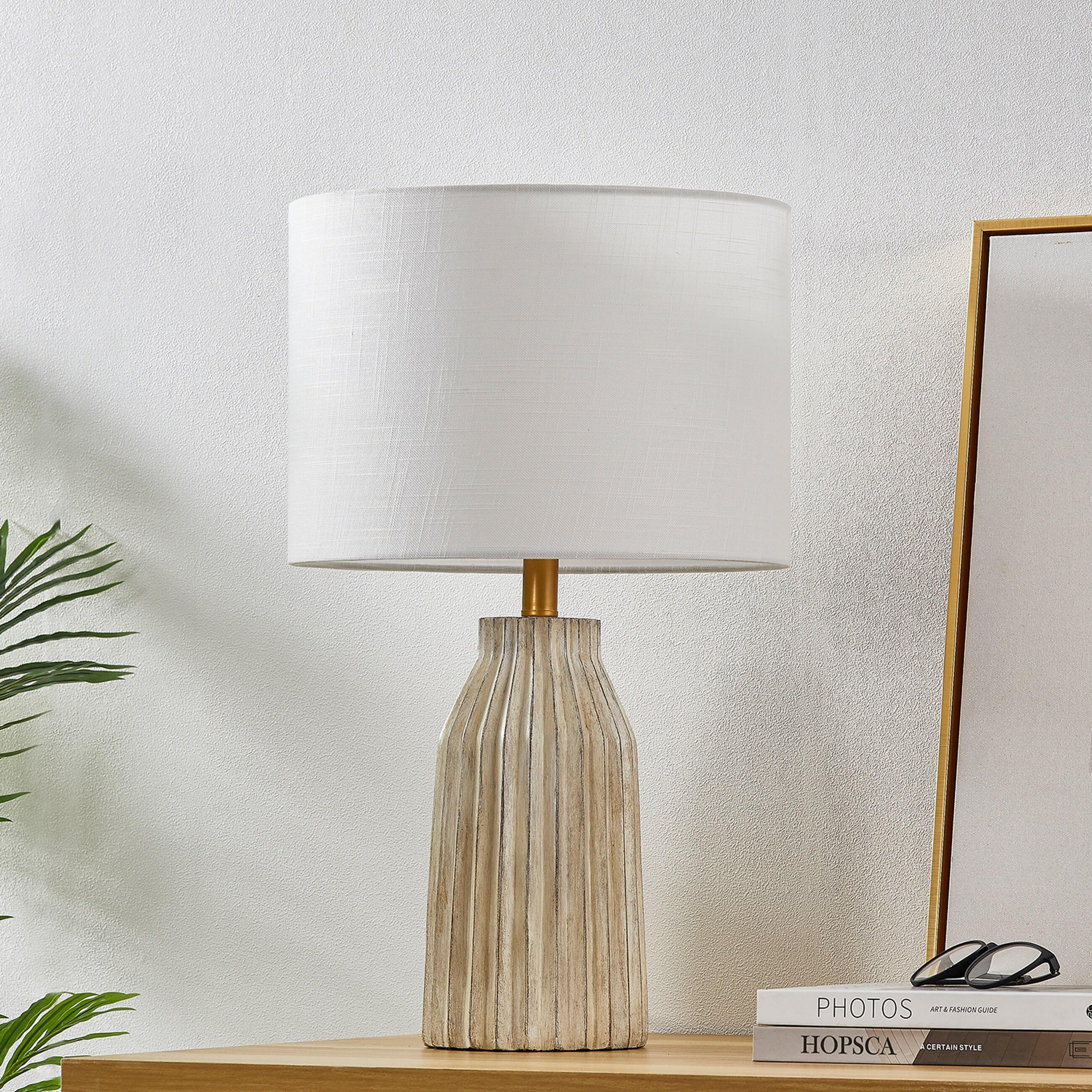 KAWOTI 24" Farmhouse Resin Table Lamp, Weathered White Table Lamp with Bamboo Pattern Shade for Bedroom
