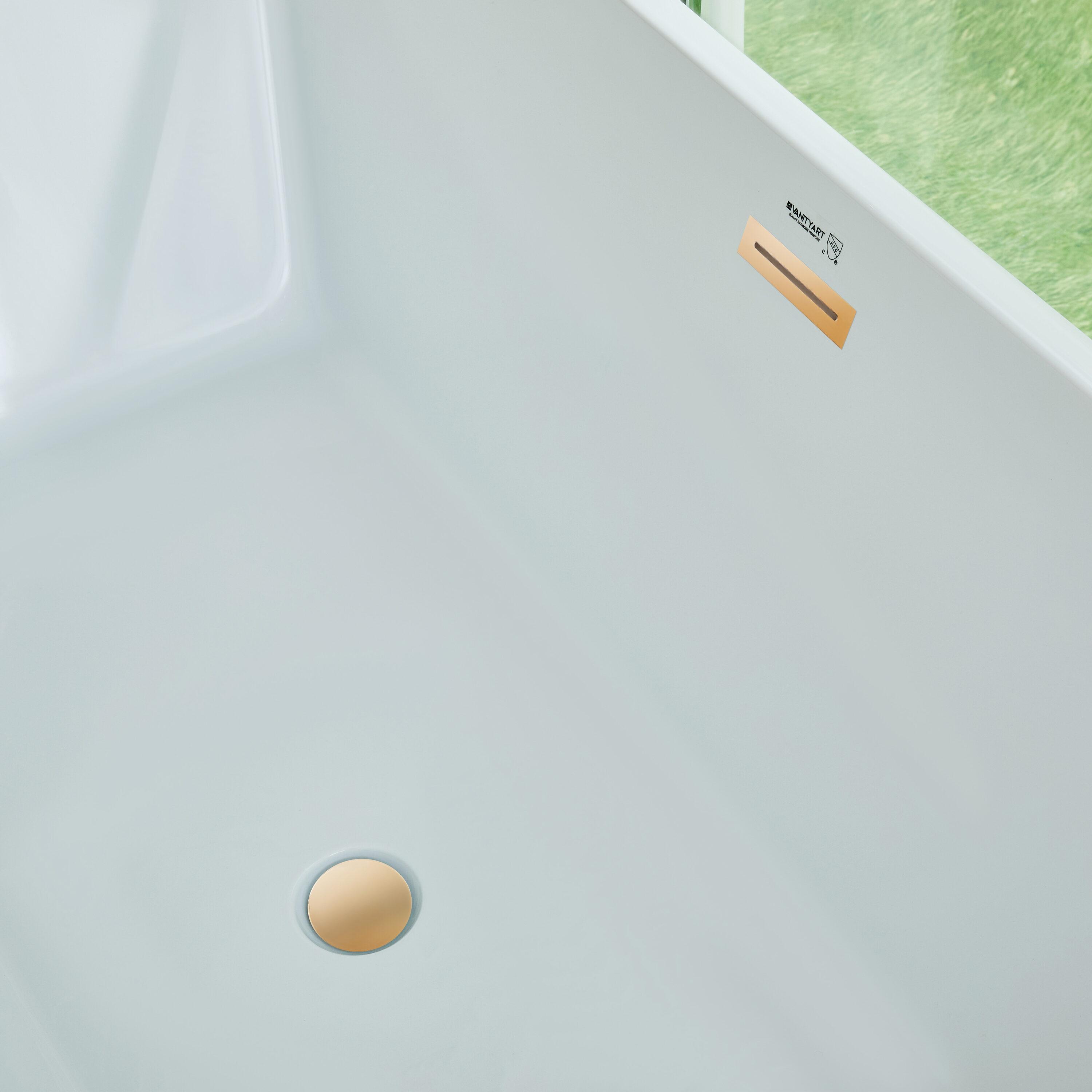 Vanity Art 67" Acrylic Freestanding Soaking Bathtub with Overflow and Pop-up Drain