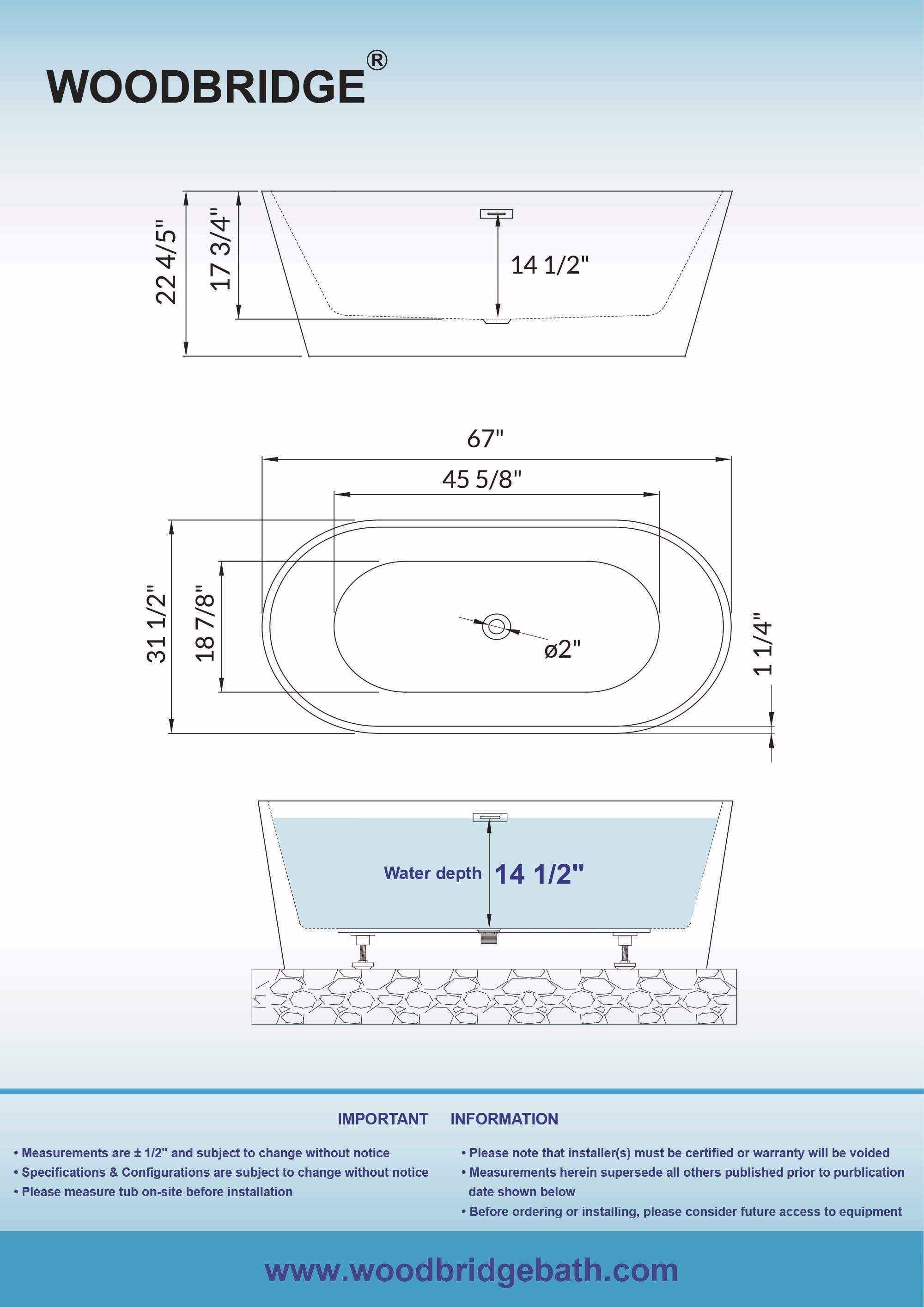 67" x 32" Freestanding Soaking Acrylic Bathtub