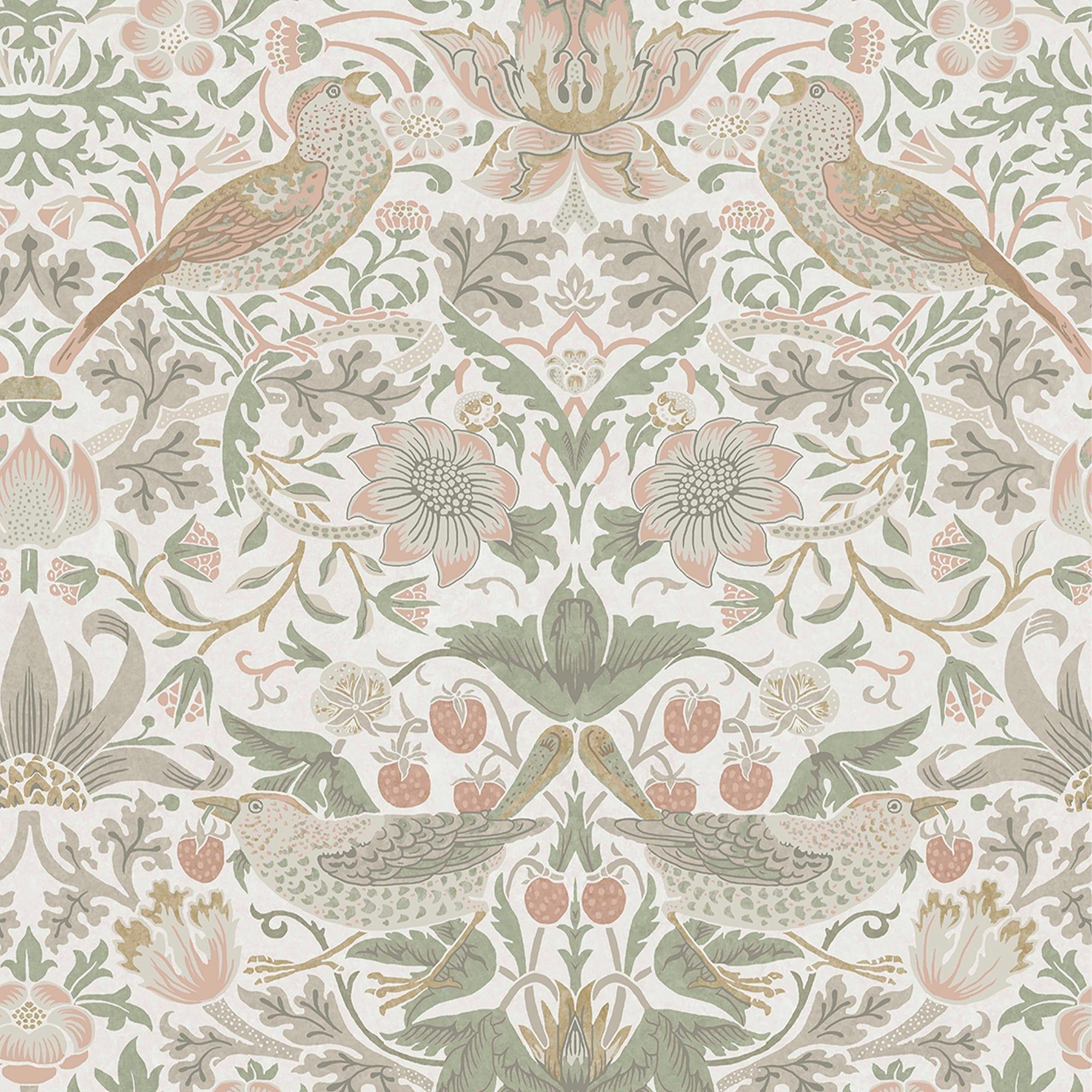 William Morris at Home Strawberry Thief Sage & Pink Wallpaper