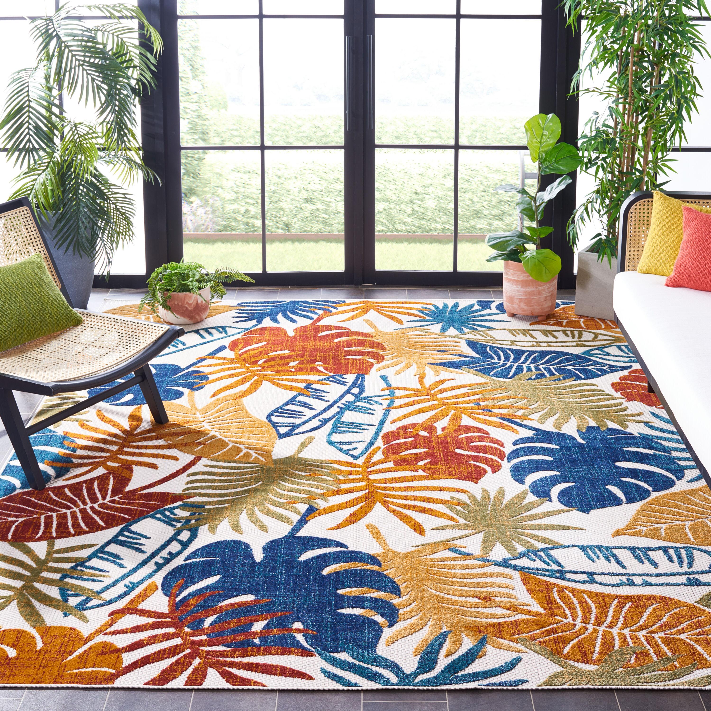SAFAVIEH Cabana Kuzman Botanical Indoor/Outdoor Area Rug, Creme/Red, 6'7" x 6'7" Square