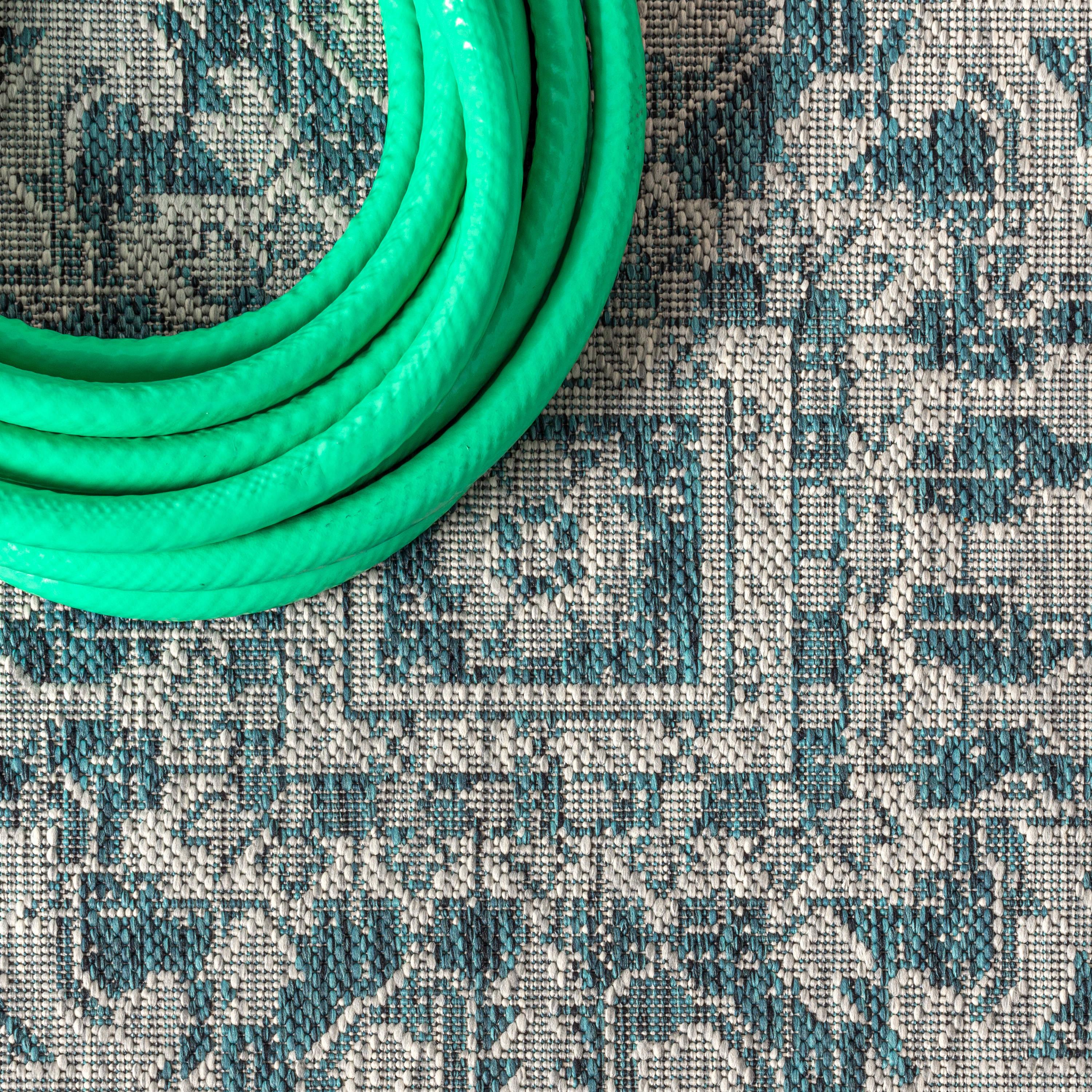 8'x10' Estrella Bohemian Medallion Textured Weave Indoor/Outdoor Area Rug, Teal/Gray - JONATHAN Y