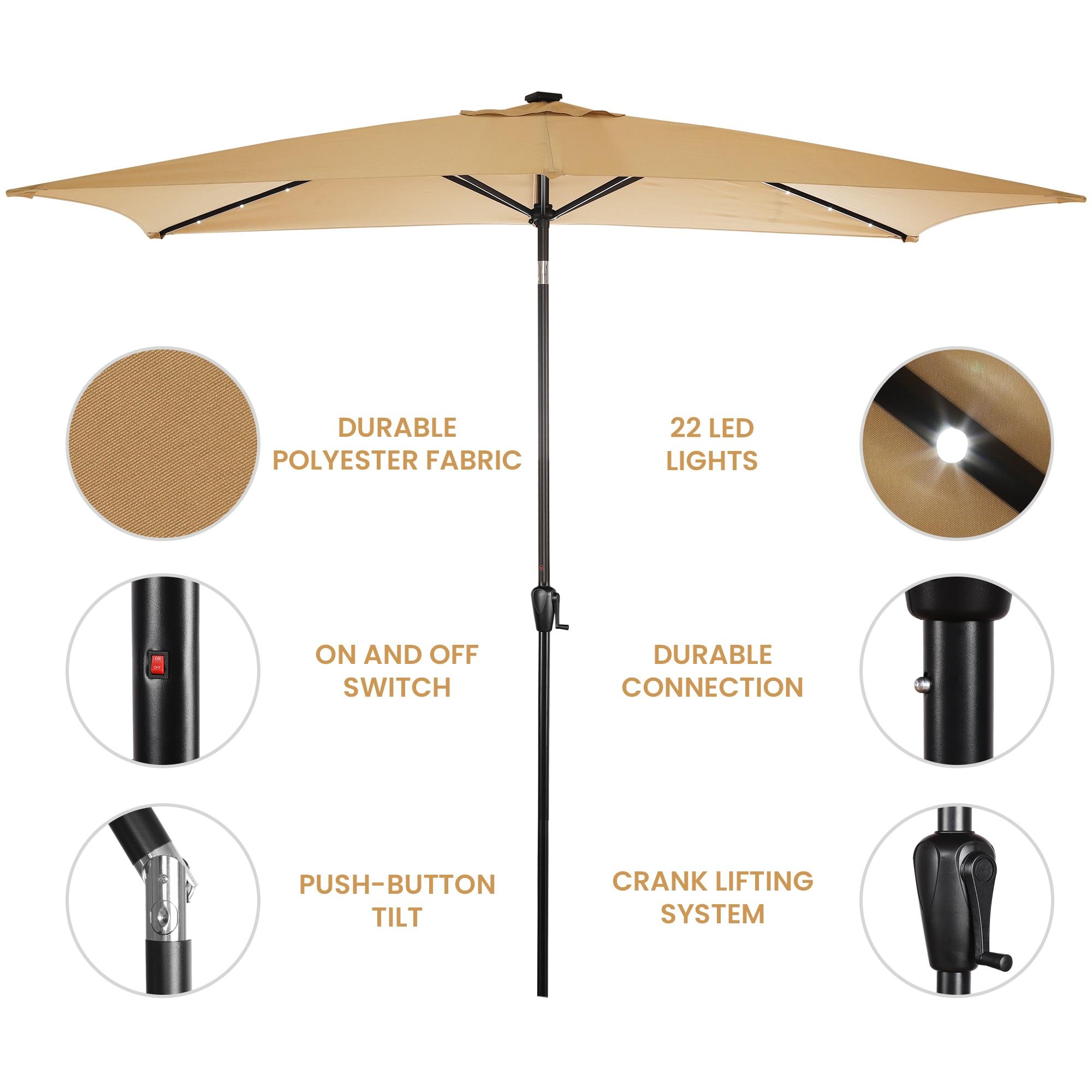 Sun-Ray 6.6x10 FT Solar LED Rectangular Patio Umbrella with Push-Button Tilt and Hand Crank Canopy Lift, Table Umbrella with Solution Dyed Navy Fabric for Porch, Deck, Garden, and Swimming Pool, Taupe