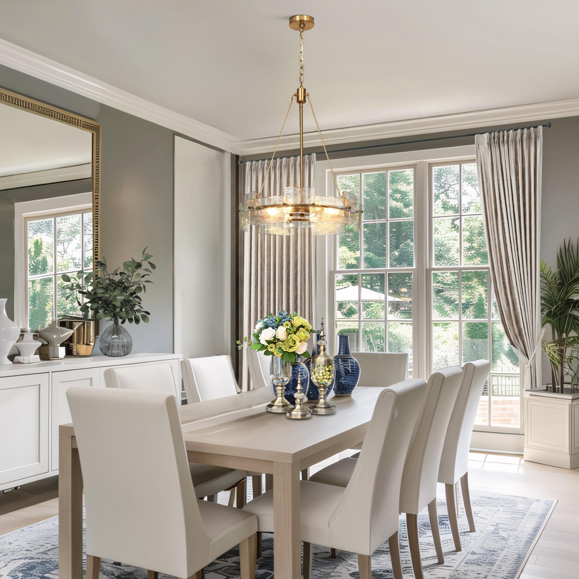 Modern Glam Gold 6-Light Drum Chandelier Textured Glass Pendant Light for Dining Room - D 20.5" x H 24"