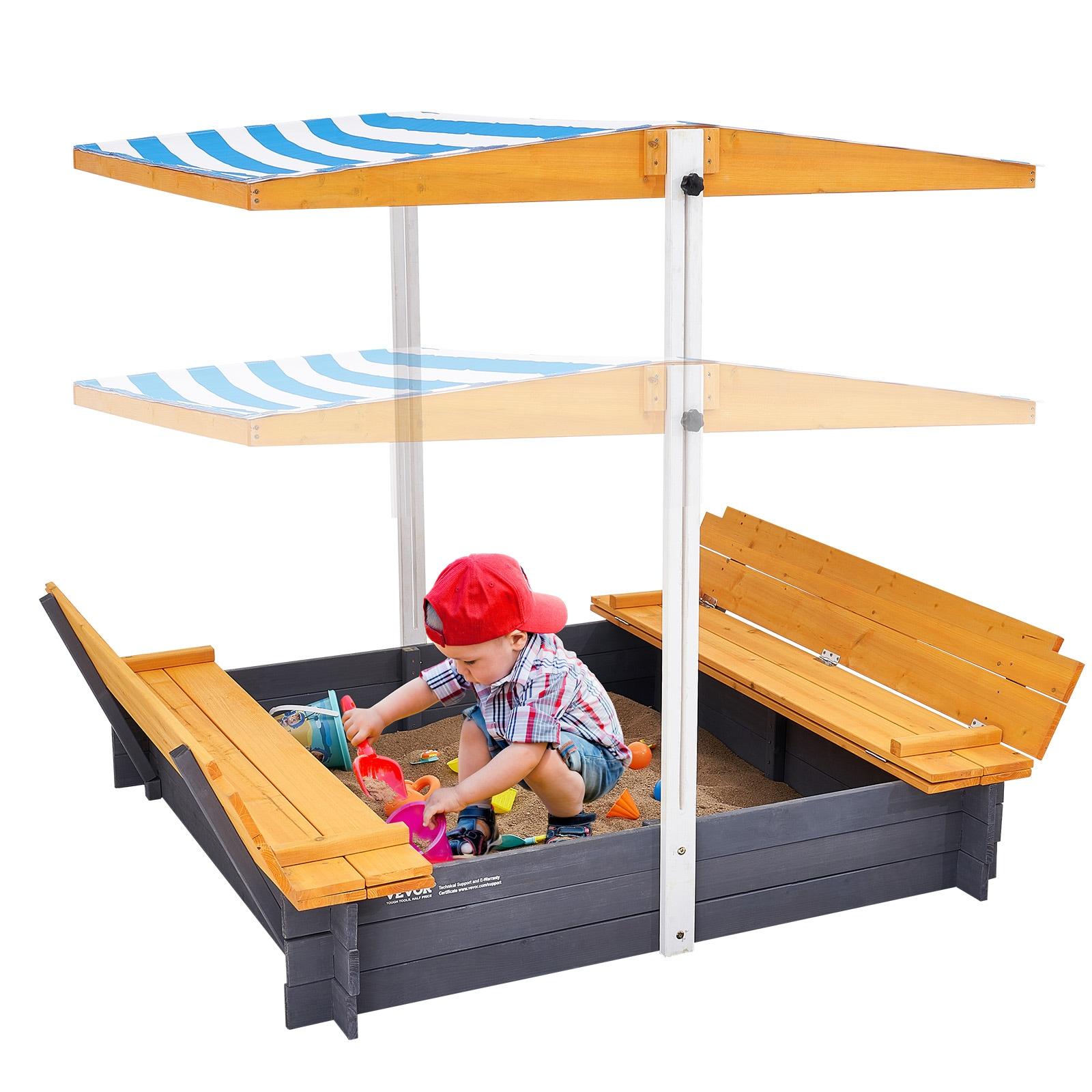 VEVOR Wooden Sandbox with Canopy, Sandpit with Foldable Bench Seats and Bottom Liner, Height Adjustable Roof, Gift for Ages 3-12 Years Old Backyard Garden Easy Assembly (57.3 x 47.2 x 47.2in)