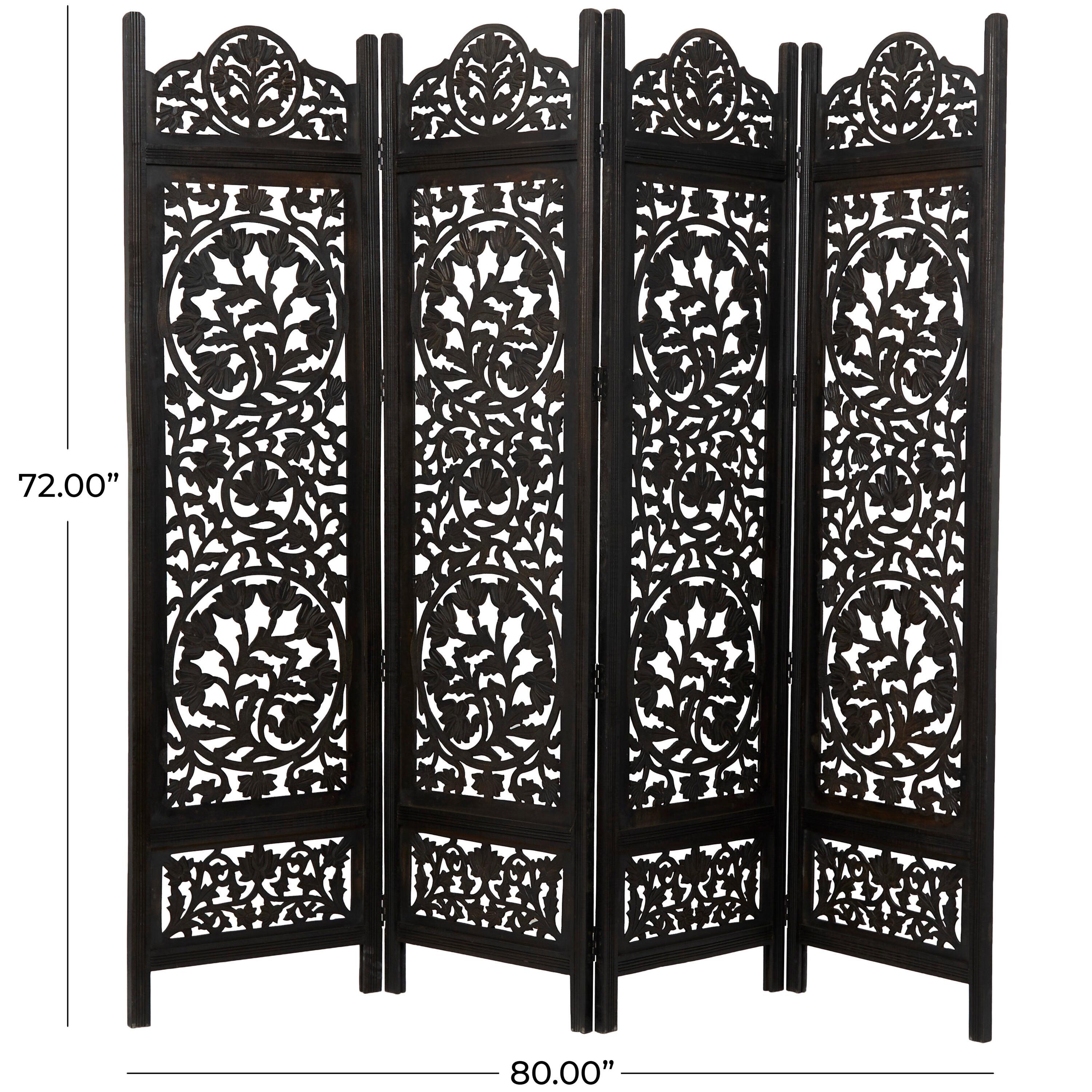 DecMode 80" x 72" Black Wood Floral Handmade Hinged Foldable Partition 4 Panel Room Divider Screen with Intricately Carved Designs, 1-Piece