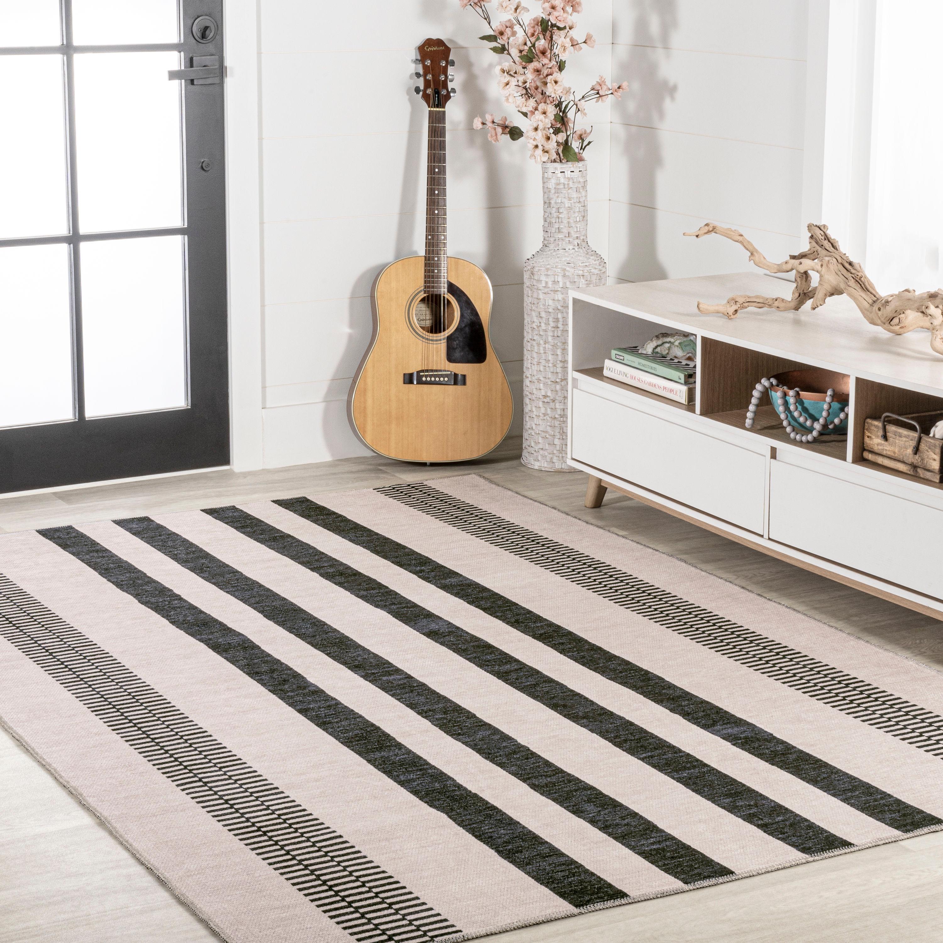 9' x 12' Vichy Geometric Striped Machine-Washable Area Rug, Cream/Black - JONATHAN Y