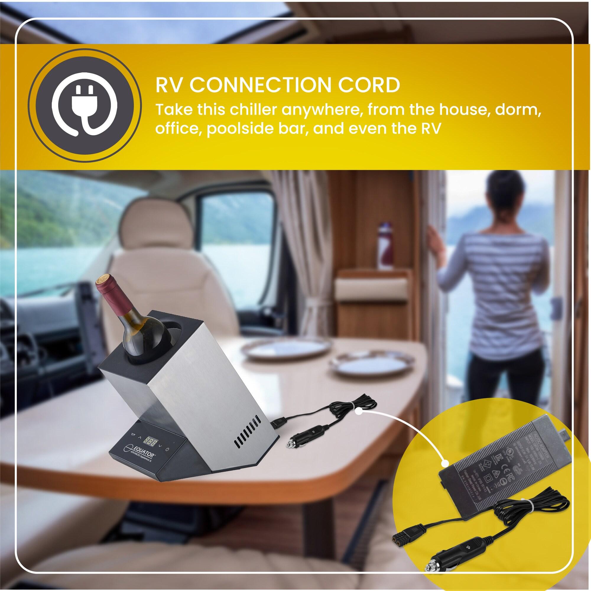 Equator Advanced Appliances Equator 110V/12V Portable Electric Wine Chiller for Red, White, Champagne, and Water Bottles, 750mL Single Bottle Cooler, Stainless Body, Rechargeable, 24h Cold, Ideal for Parties & Gifts